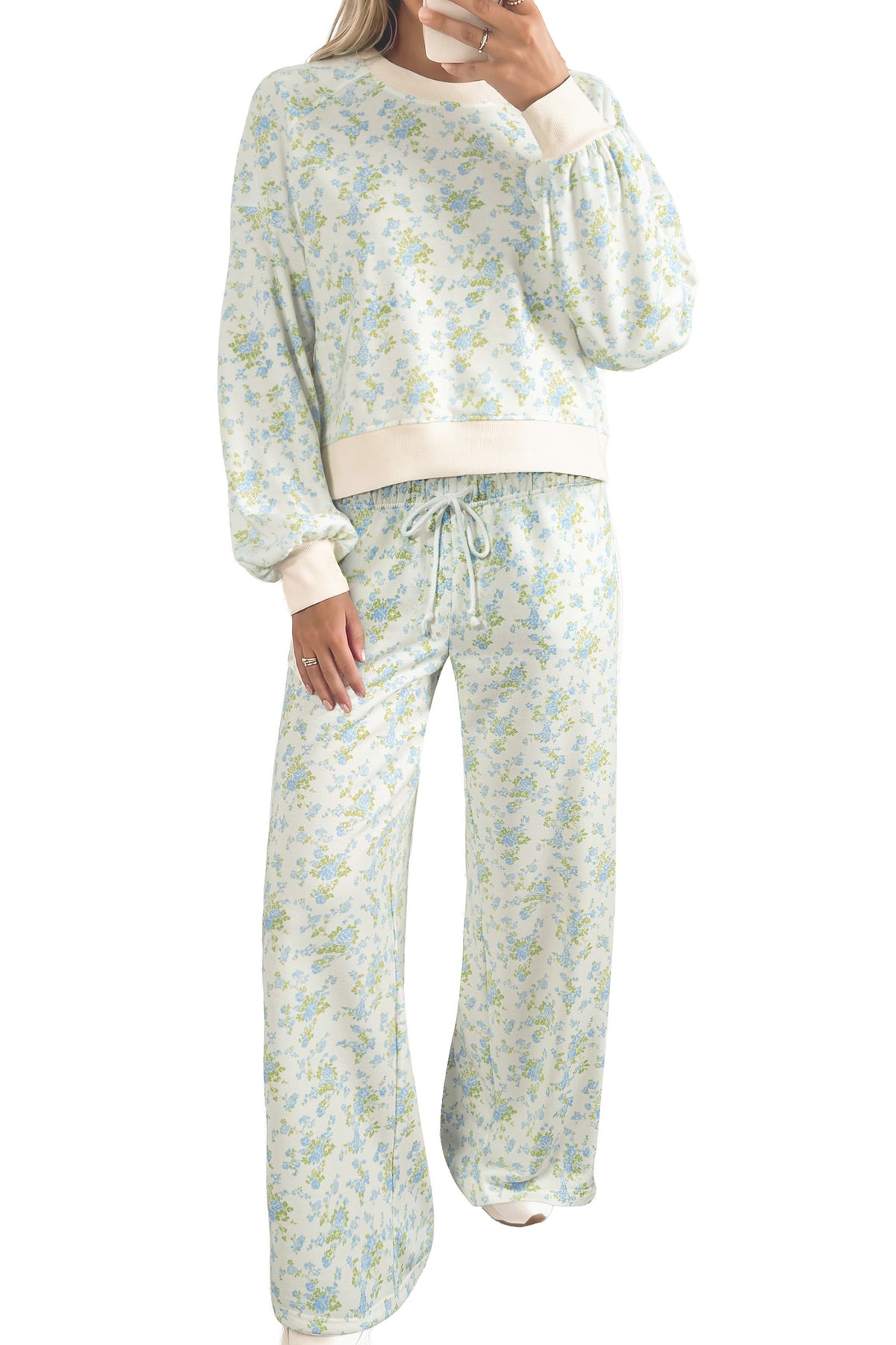 Women's Sky Blue Floral Print Long-Sleeve Top Drawstring Wide-Leg Pants Set