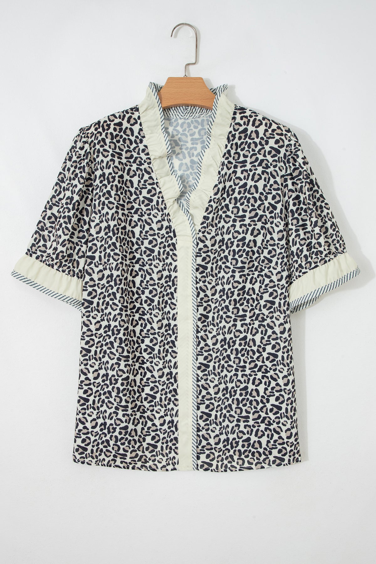 Black Plus Leopard Print Striped Color-Block Trim Frilled V-Neck Short-Sleeve Blouse