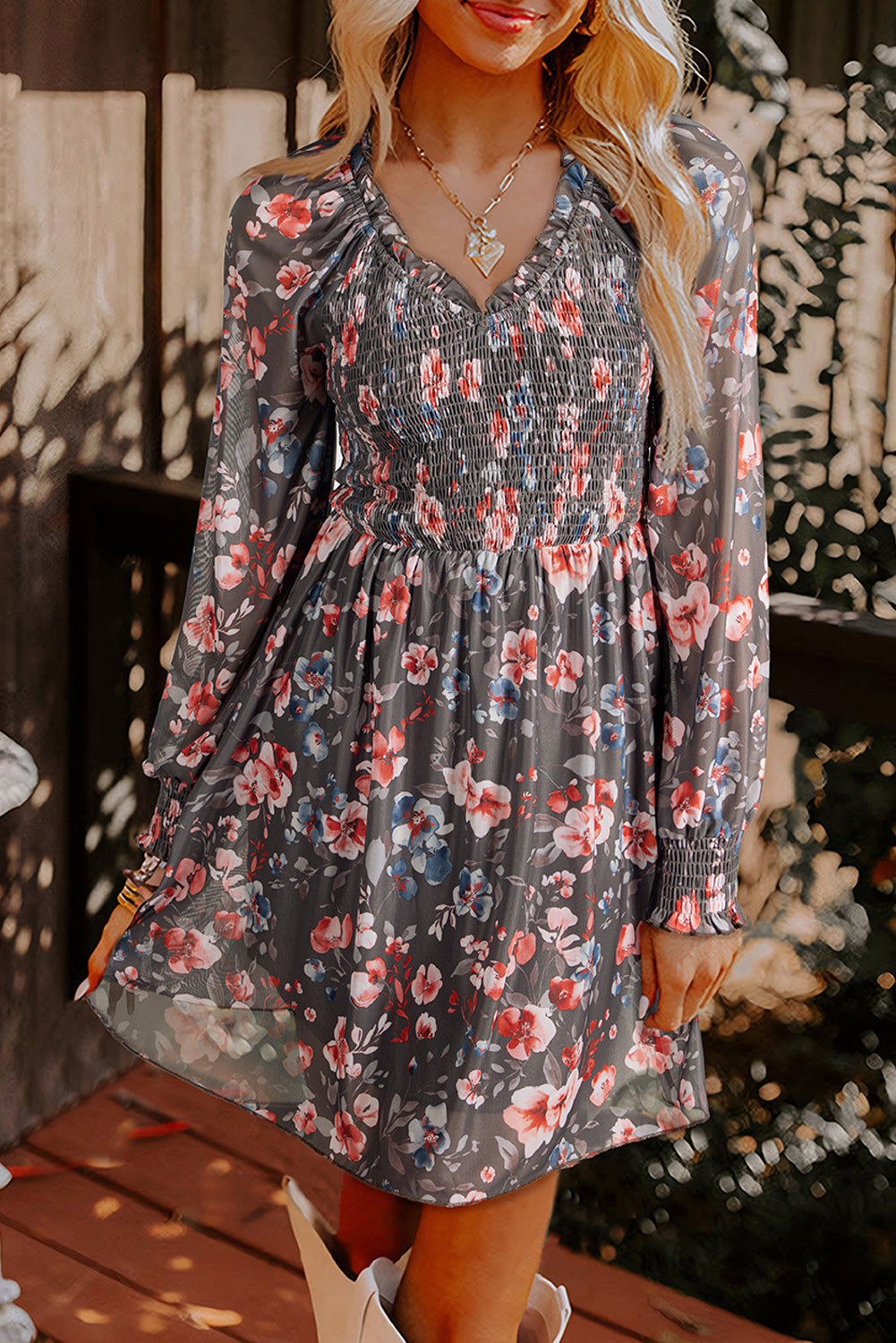 Brown Frilly Smocked Bodice Floral Mesh Long Sleeve Mini Dress