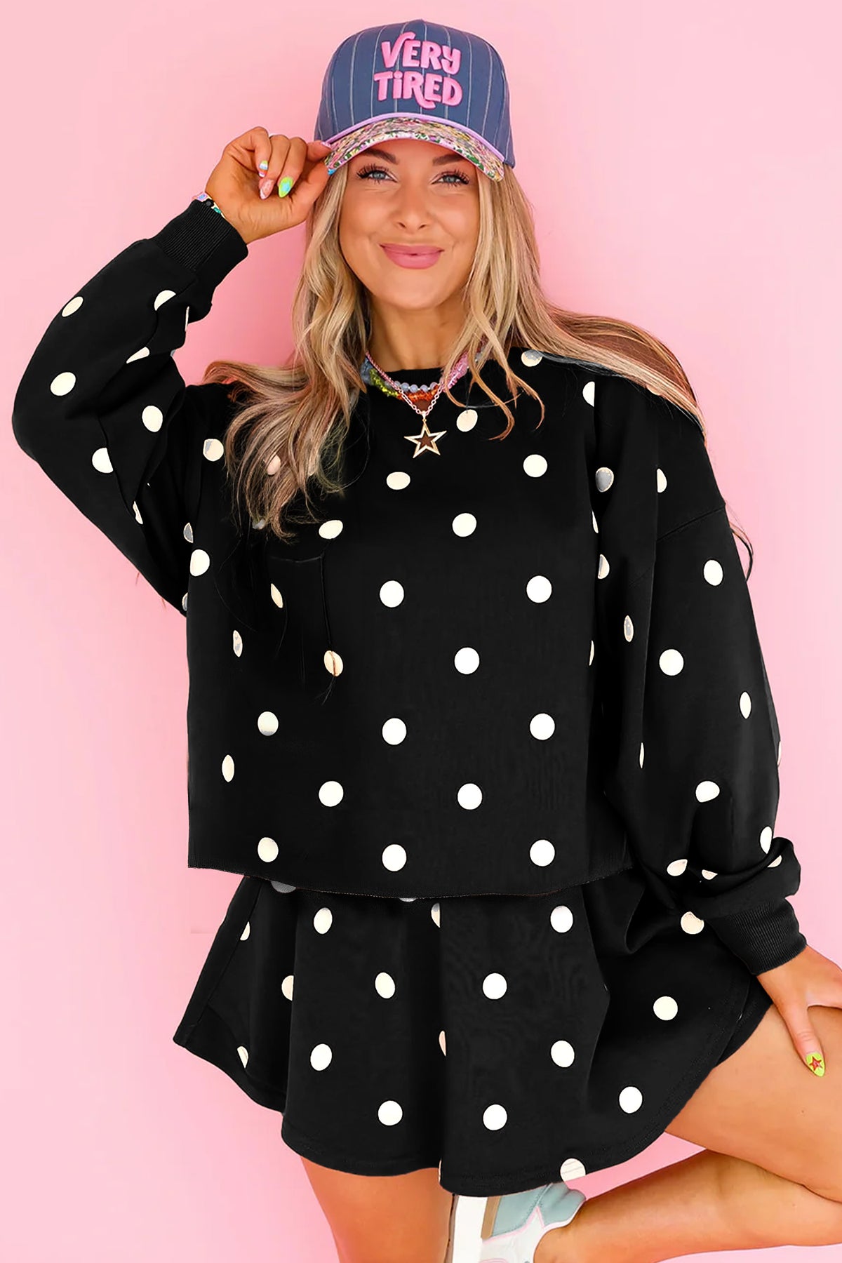 Women's Red Polka Dot Raw Hem Relaxed Pullover Loose Skort Two-Piece Set
