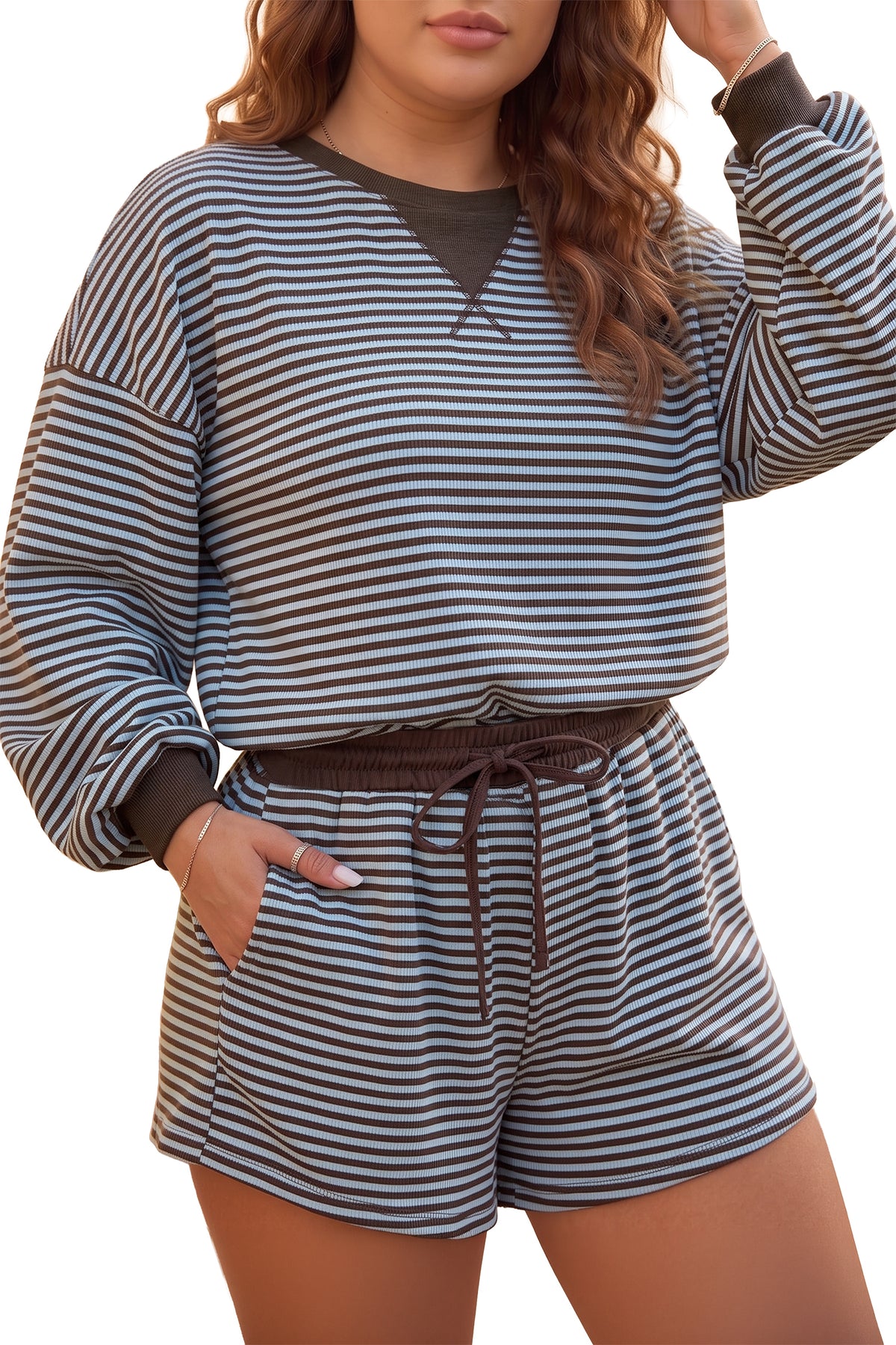 Brown Stripe Ribbed Color Block Plus Size Top and Shorts Set