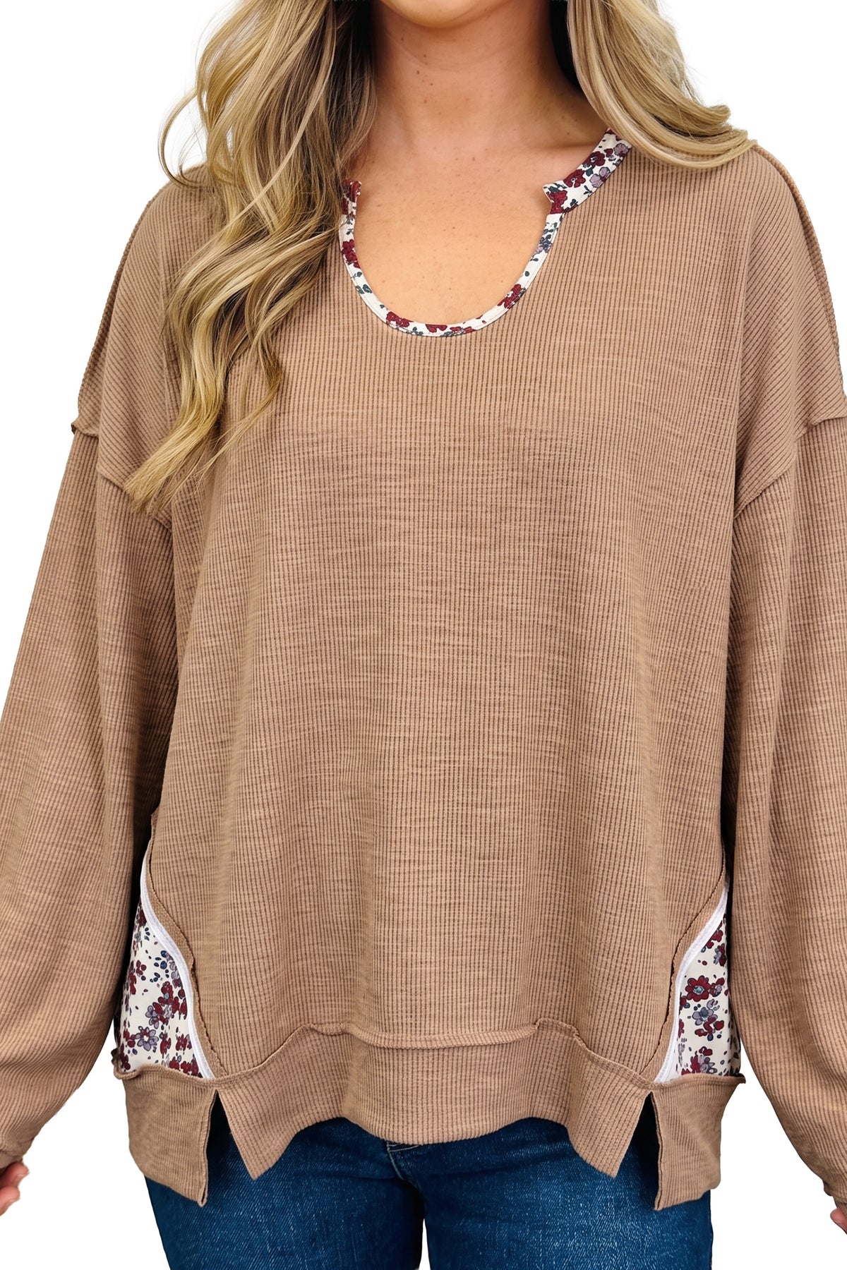 Light Beige Floral Trim U Neck Tunic Top