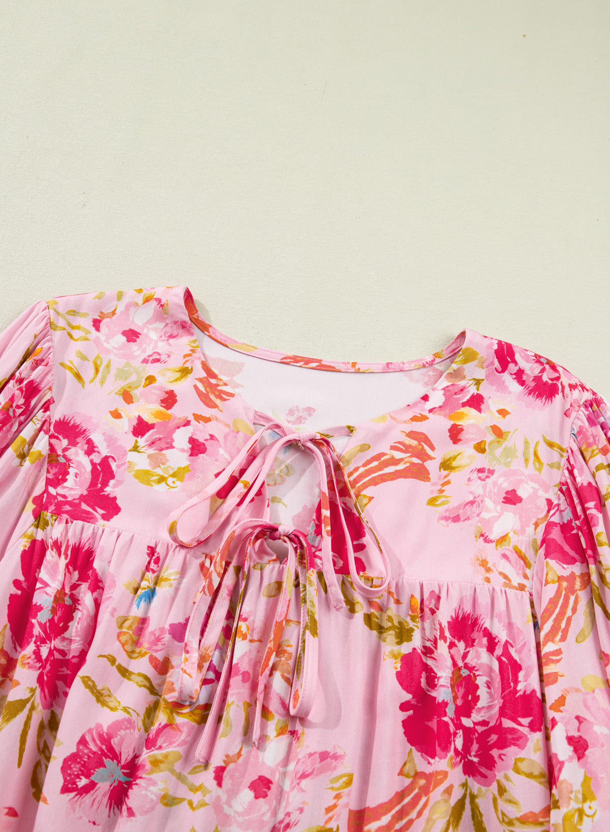 Pink Plus Size Floral Print V-Neck Tie Front Short-Sleeve Tunic Top
