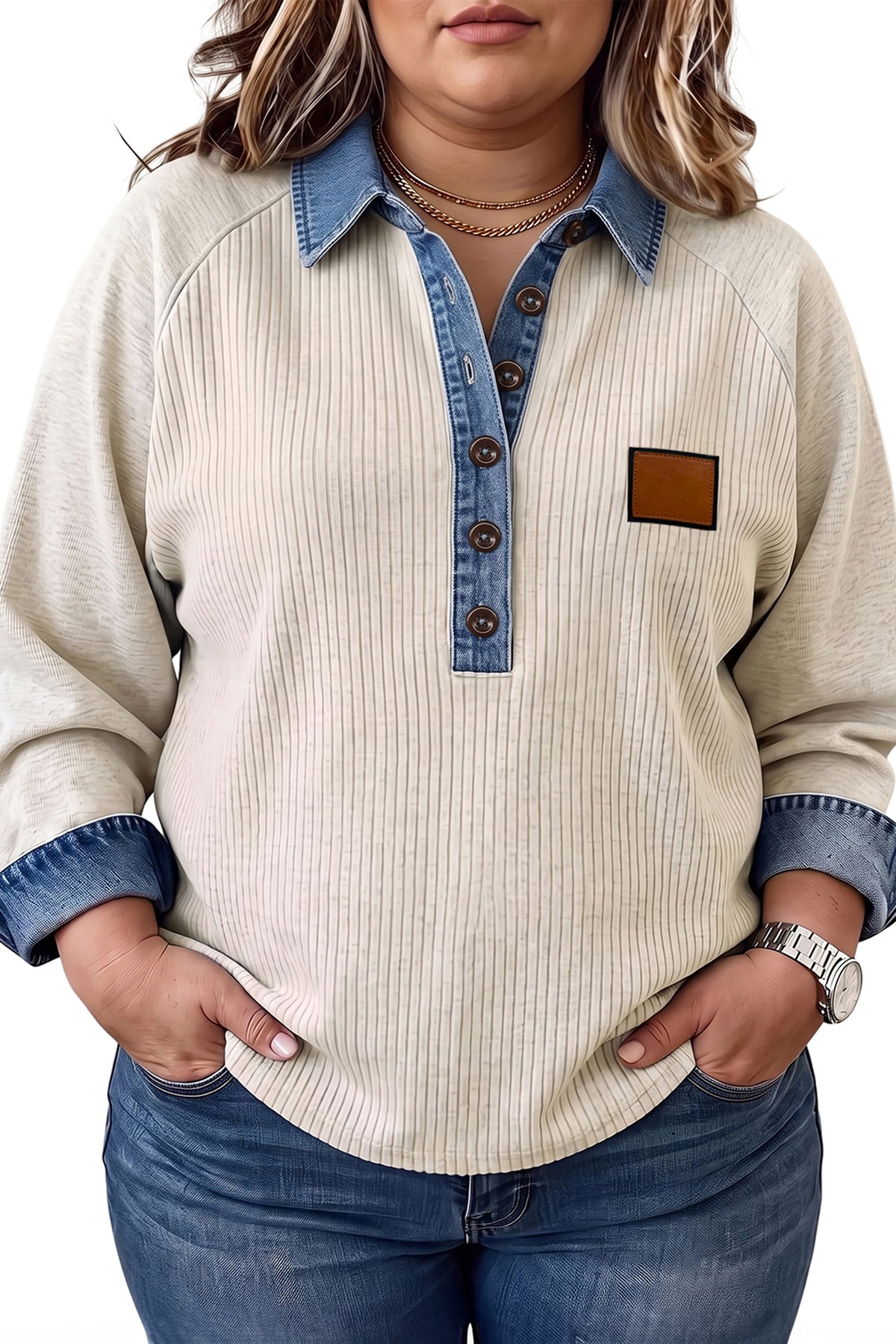 Light Grey V-Neck Long-Sleeve Tunic Top with Denim Collar Cuffs Ribbed Texture Plus Size Blouse