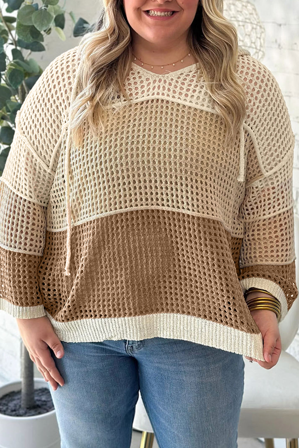 Parchment Color-Block Hollowed Knit Plus Size Hooded Jumper Sweater