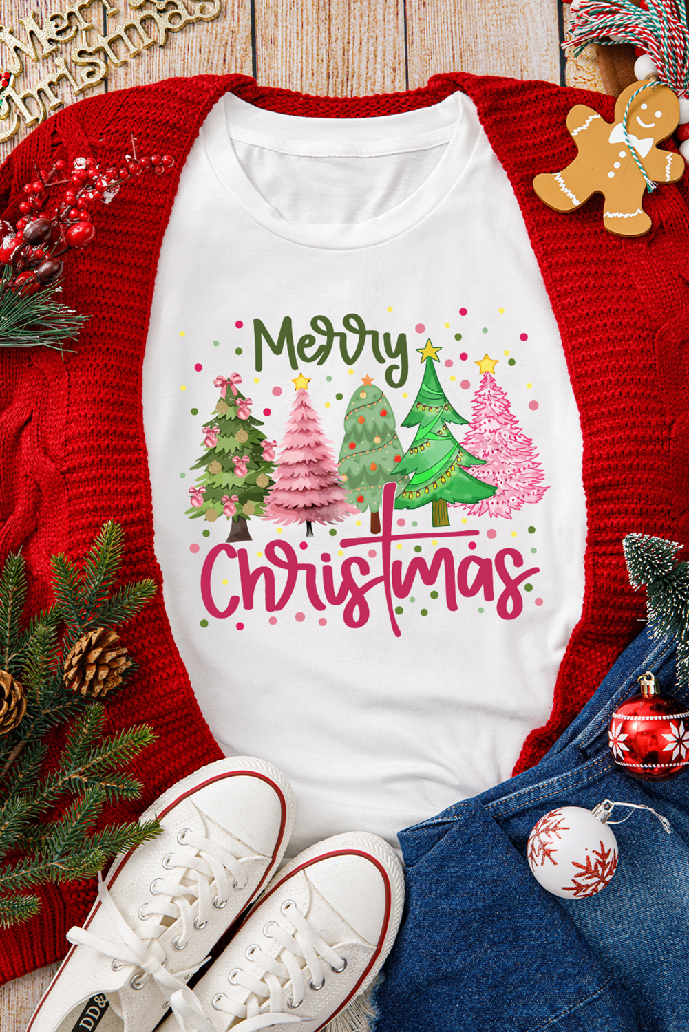 White Merry Christmas Holiday Vibe Graphic Crewneck T-Shirt