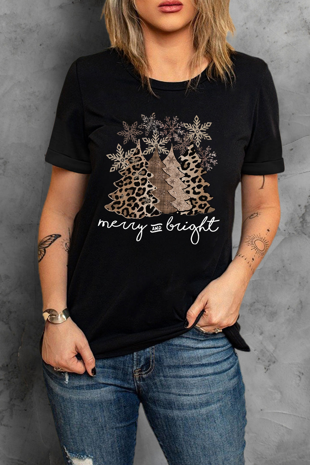 Black Leopard Christmas Tree Graphic Crew Neck T-Shirt