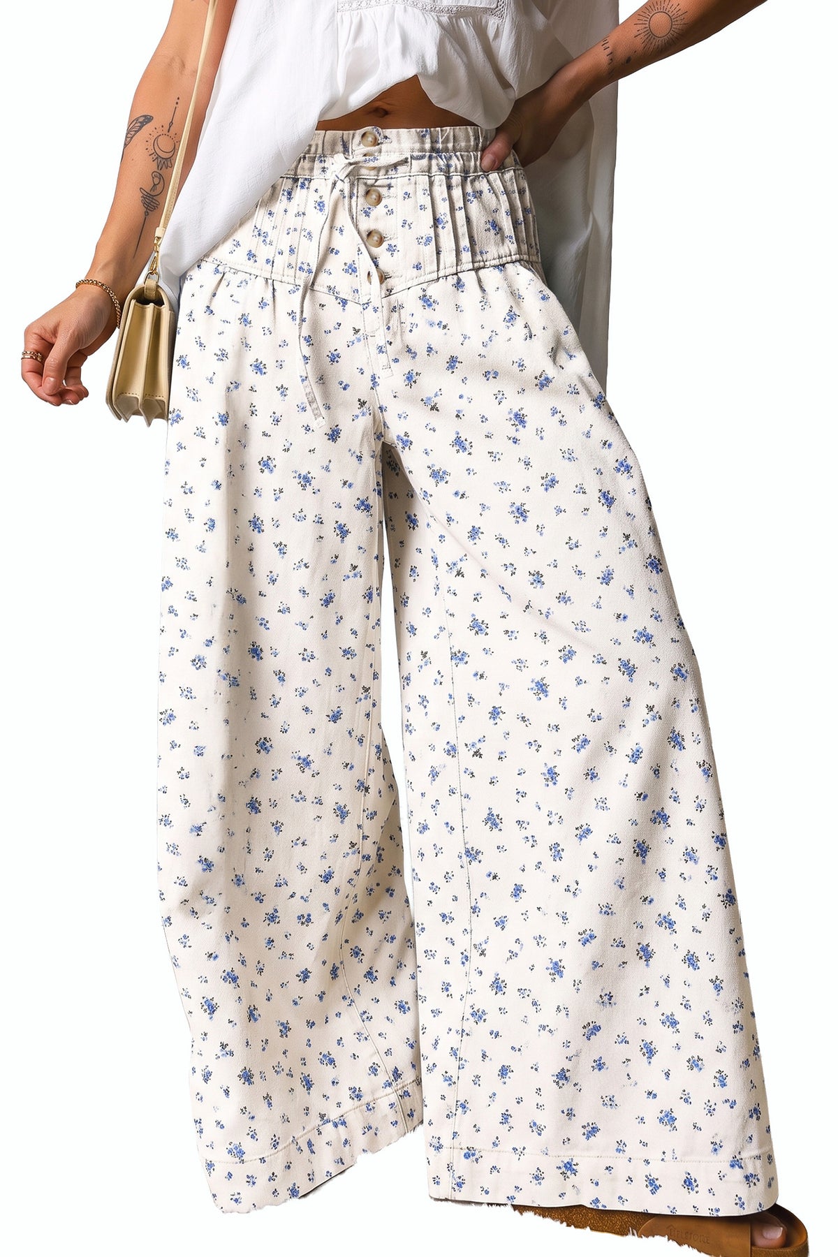 White Floral Pleated High Waist Wide Leg Jeans