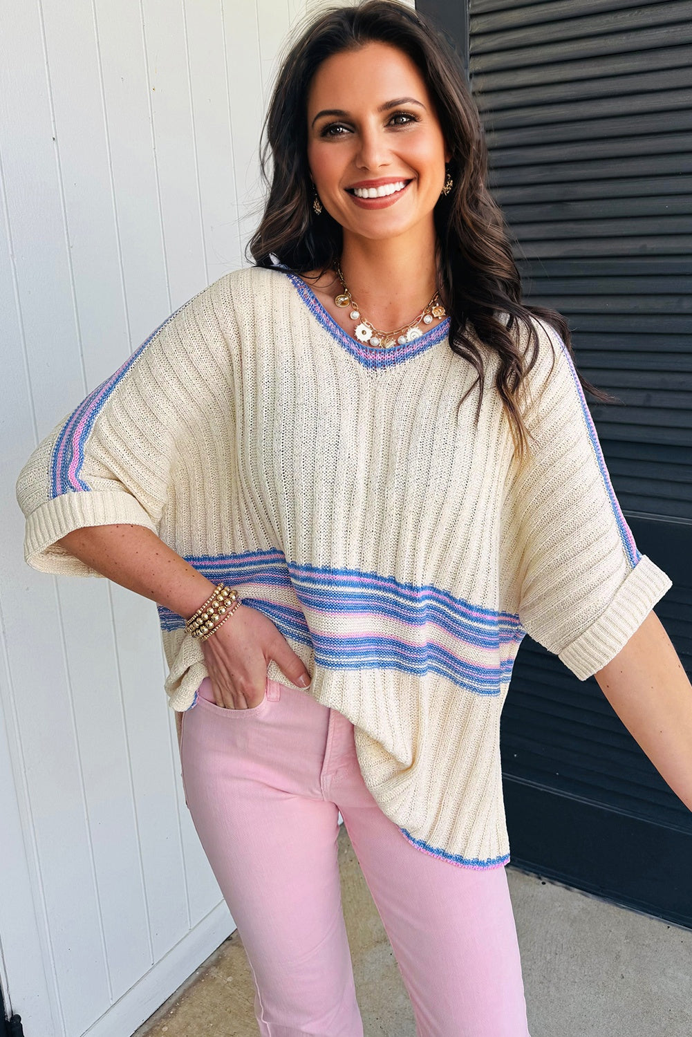 White Striped V Neck Dolman Sleeve Rib Knit Oversized Sweater with Slits