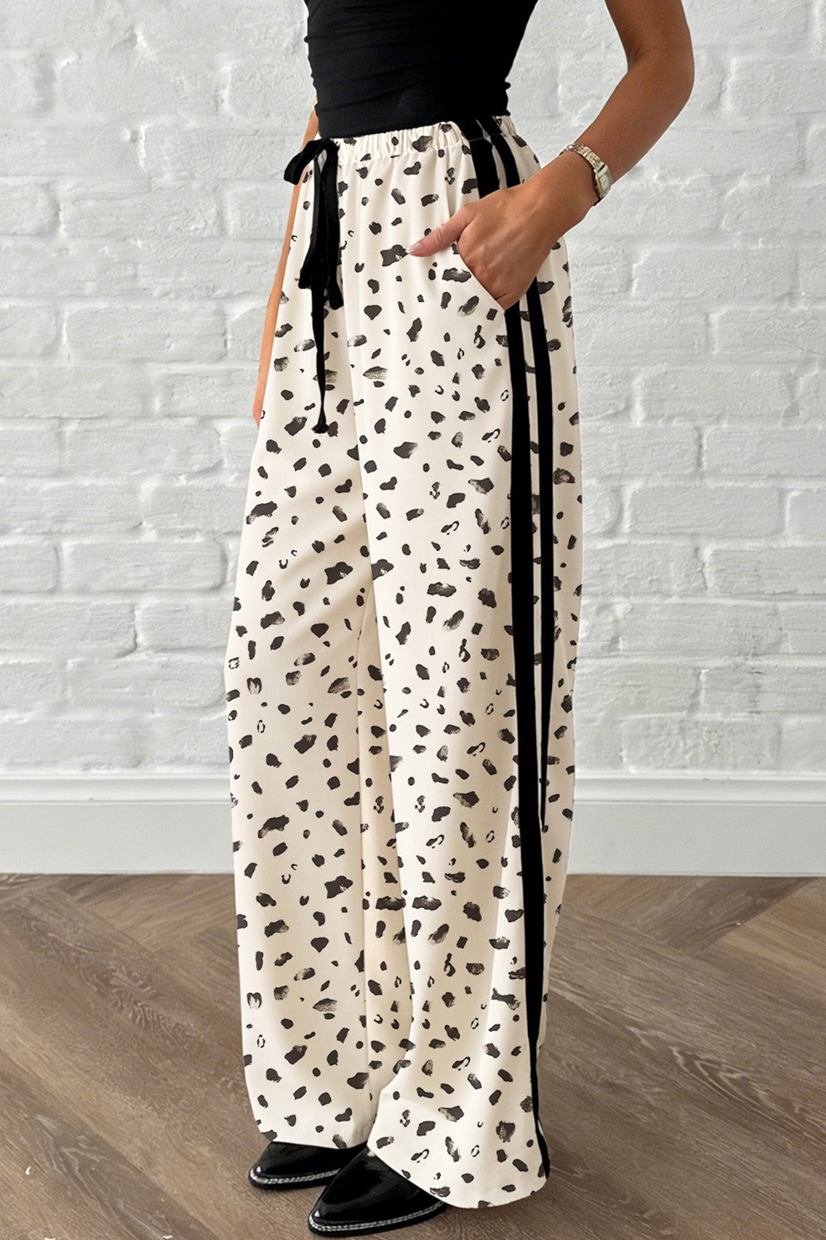 Beige Leopard Print Side Stripe Loose Drawstring Pants