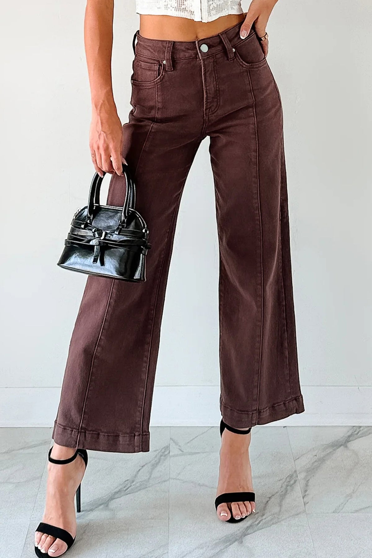 Apricot Solid Seamed Center Wide Leg Cropped Jeans