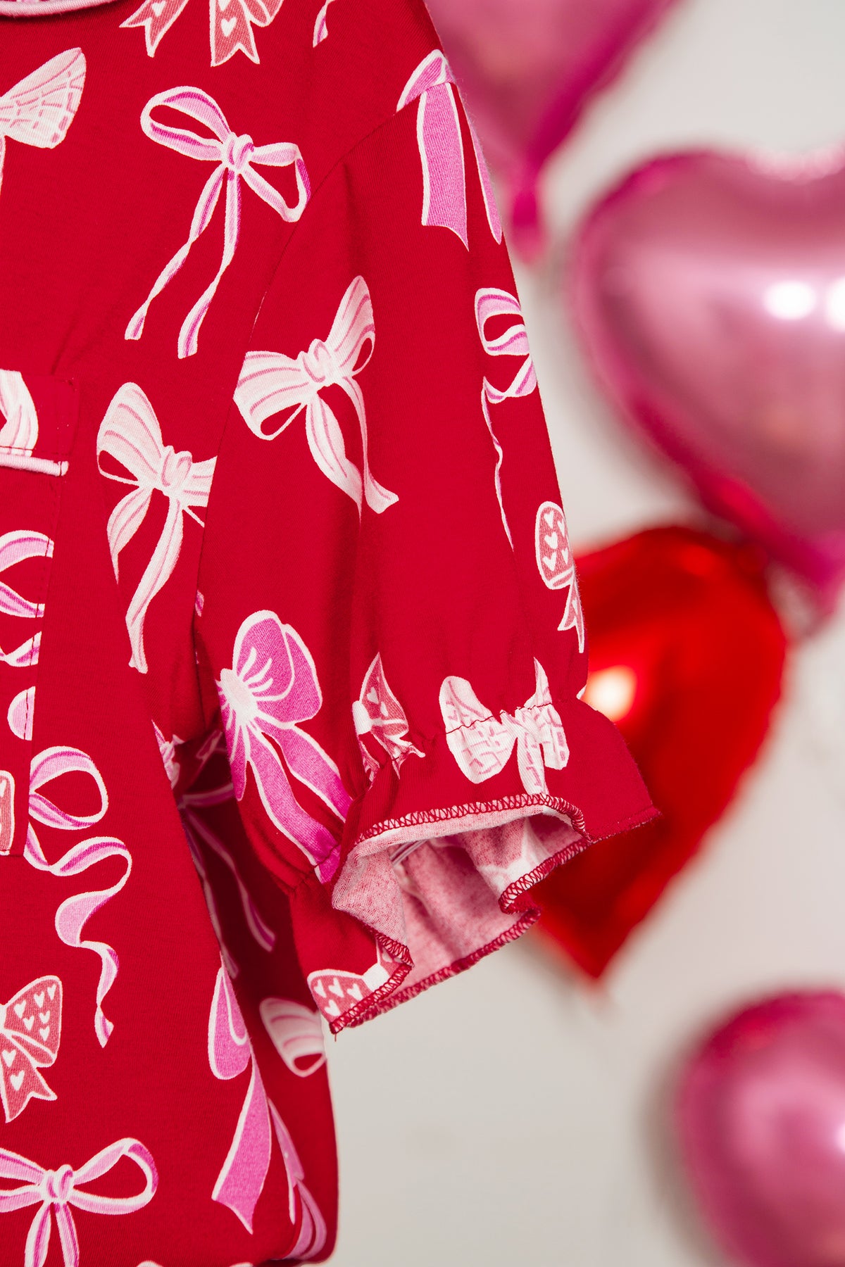 Red Sweet Bow Print Ruffled Short Sleeve Shirt Shorts Pajama Set