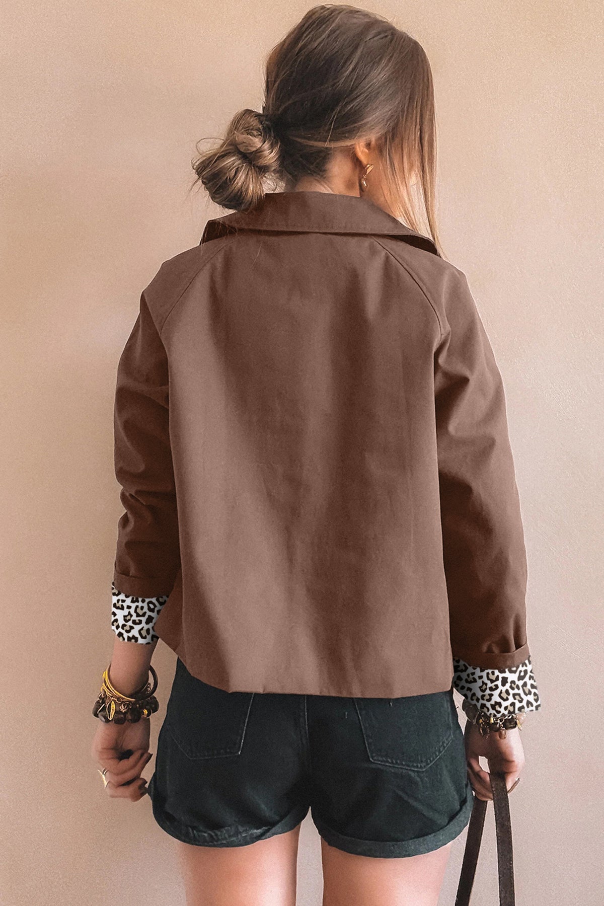 Dark Brown Collared Buttoned Leopard Liner Patchwork Chic Jacket