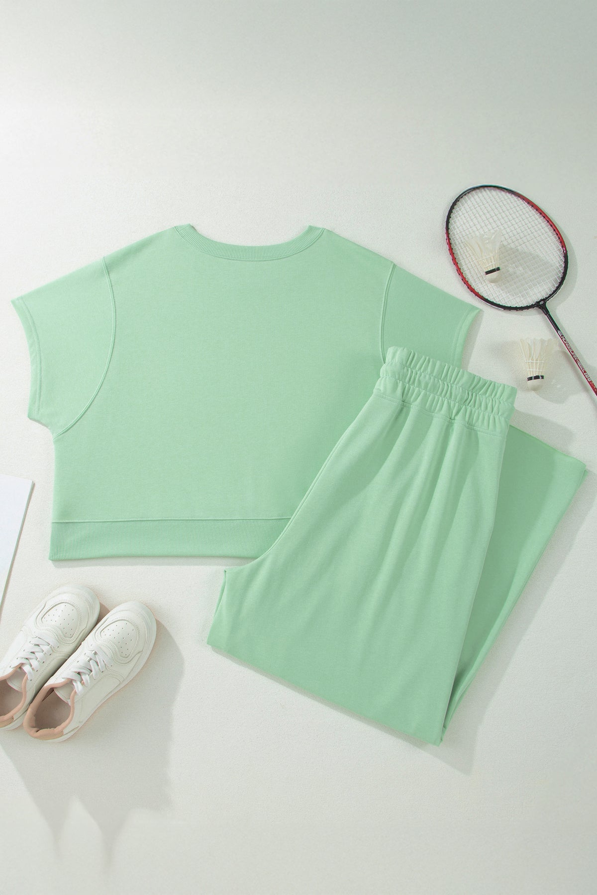 Mist Blue Solid Color Ribbed Trim Short-Sleeve Top Drawstring Loose Pants 2pcs Outfit