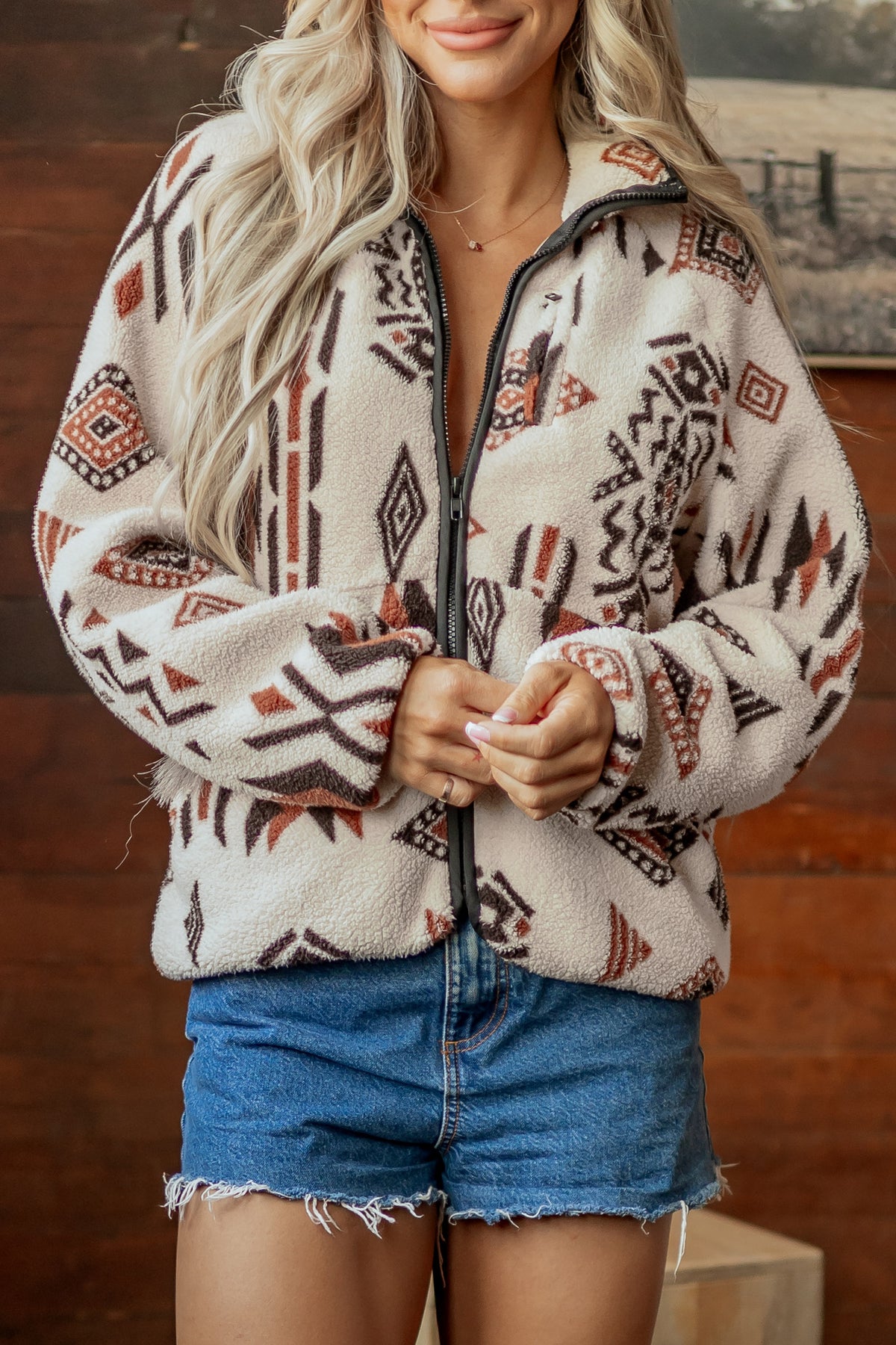 Beige Geometric Print Long Sleeve Shirt Collar Zip-up Placket Jacket
