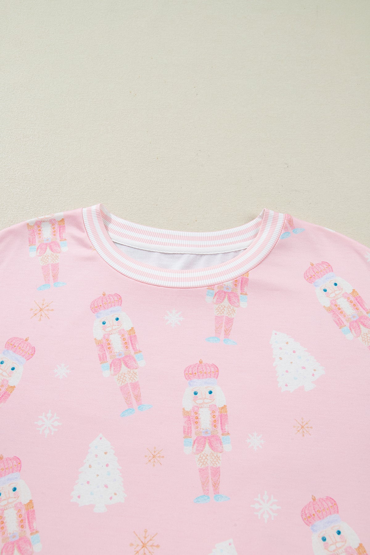 Women's Pink Christmas Tree Nutcracker Doll Print Contrast Trim Top Matching Shorts Set