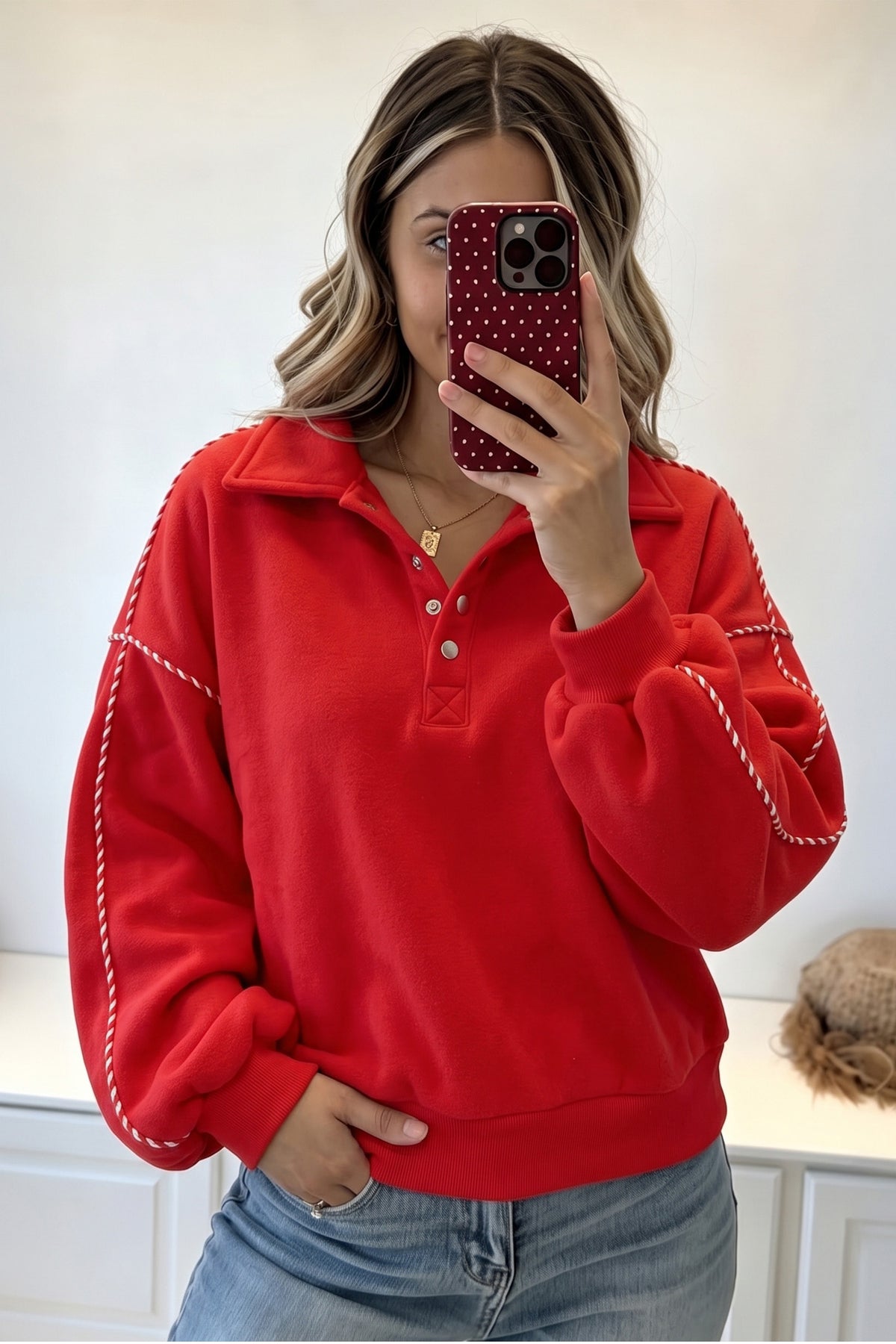 Fiery Red Snap Button Sleeve Candy Cane Lane Pullover Sweatshirt