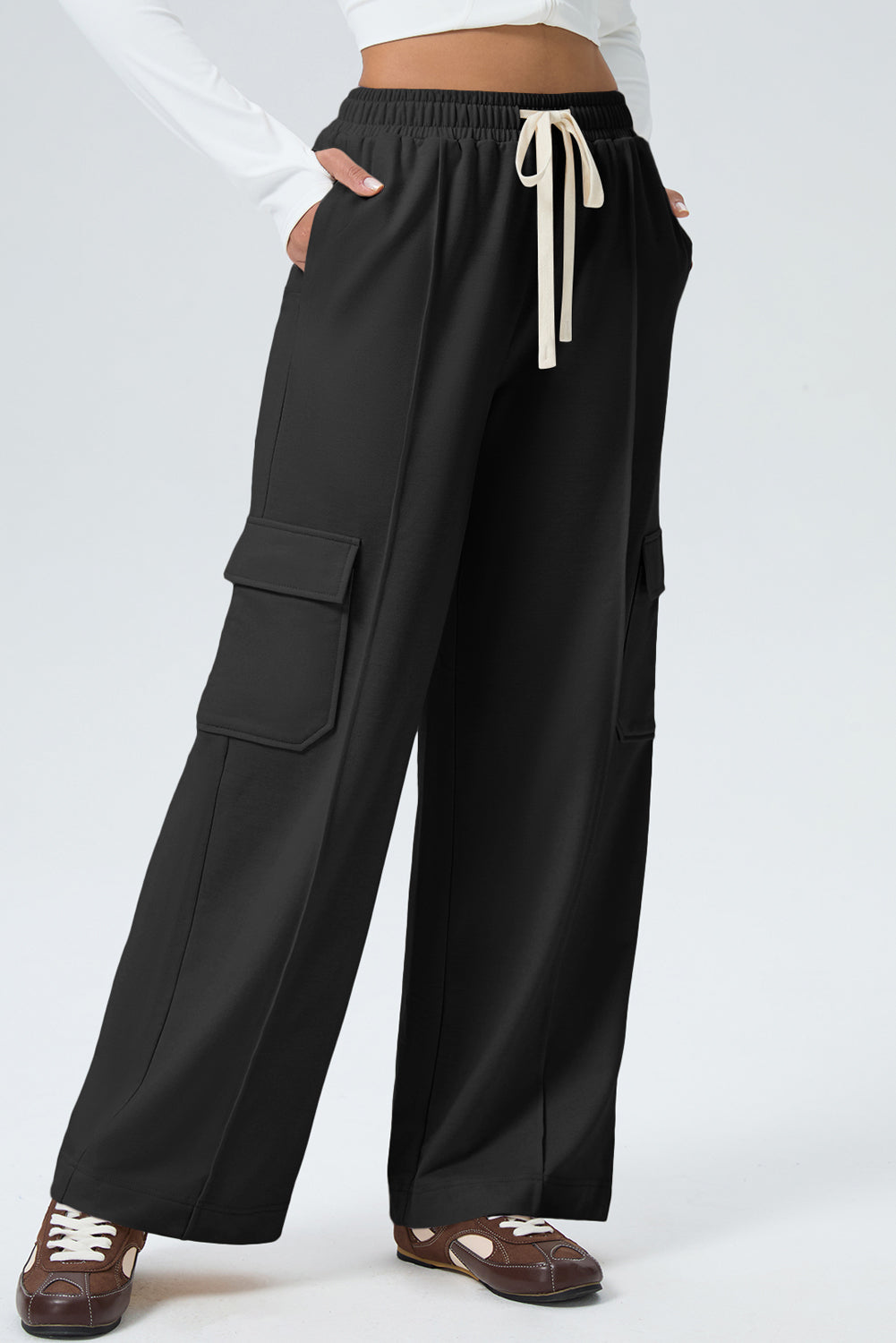 Black Solid Drawstring Elastic Waist Cargo Patch Pocket Active Pants