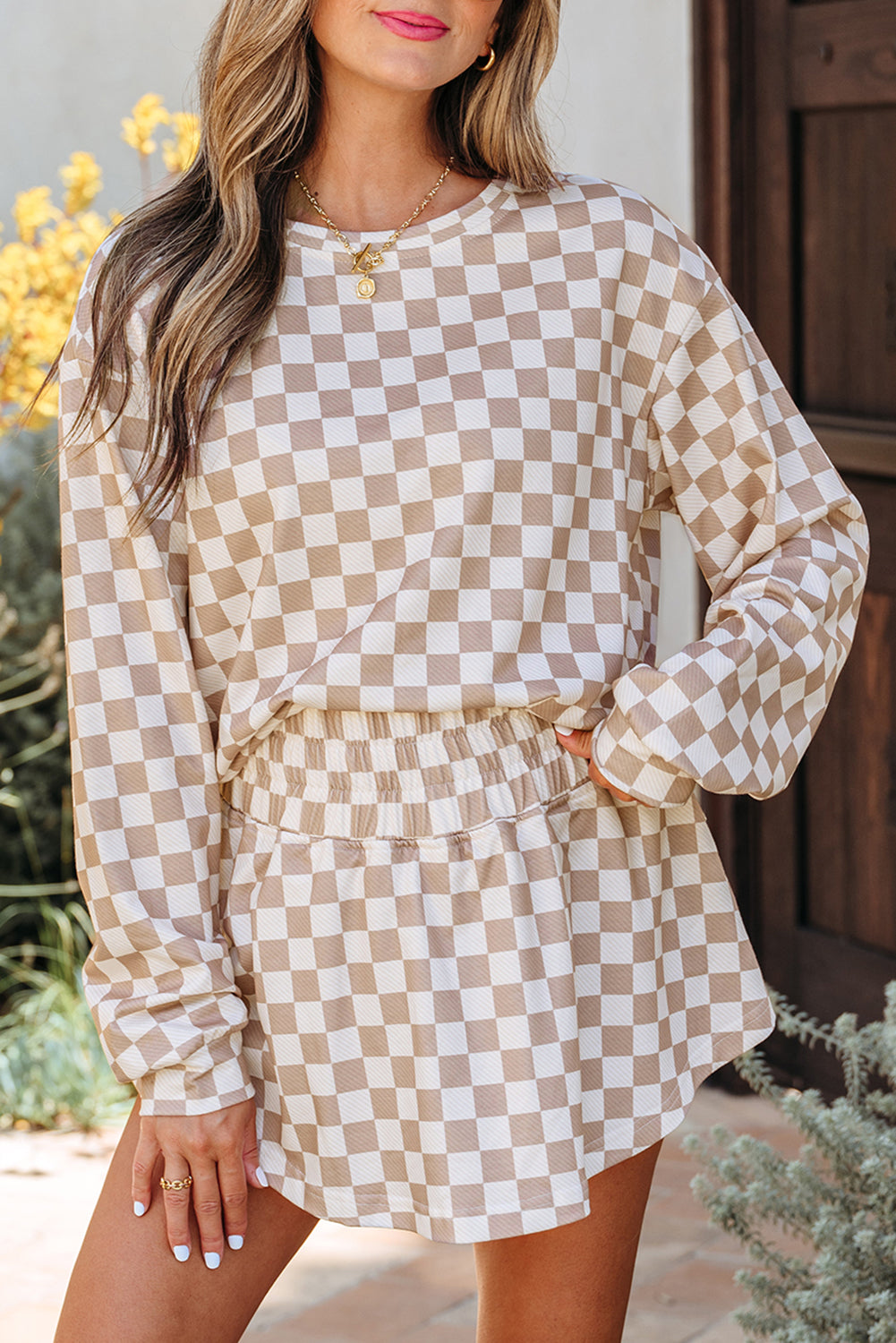 Women's Khaki Checkered Long-Sleeve Crop Top High-Waist Skort Two-Piece Set