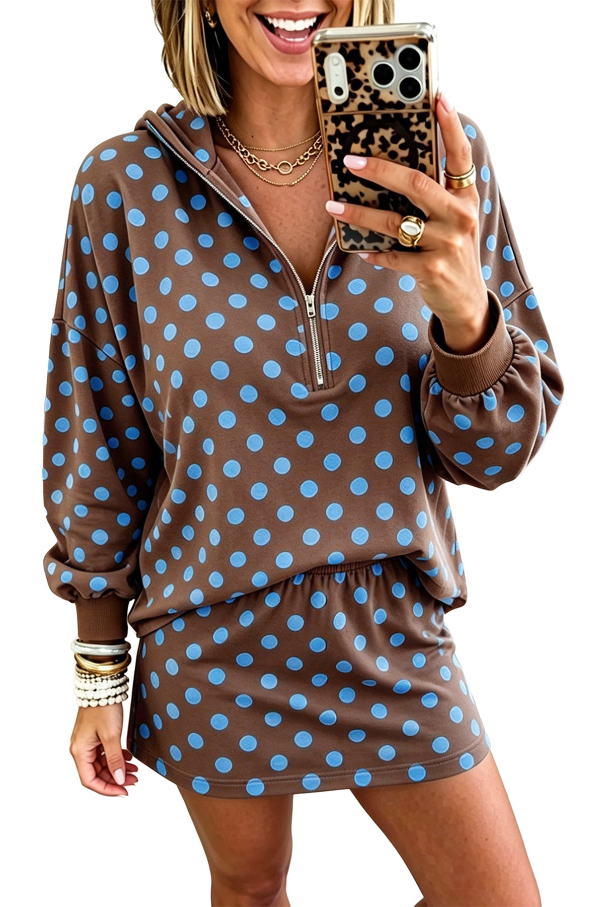 Women's Pink Polka Dot Hooded Long-Sleeve Top Casual Mini Skort Set
