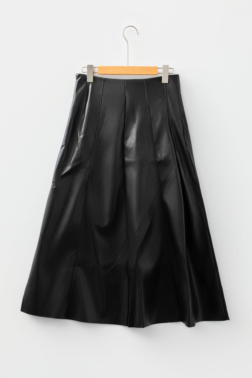 Black Faux Leather Retro Buckle Pleated Stitch Flared Midi Skirt