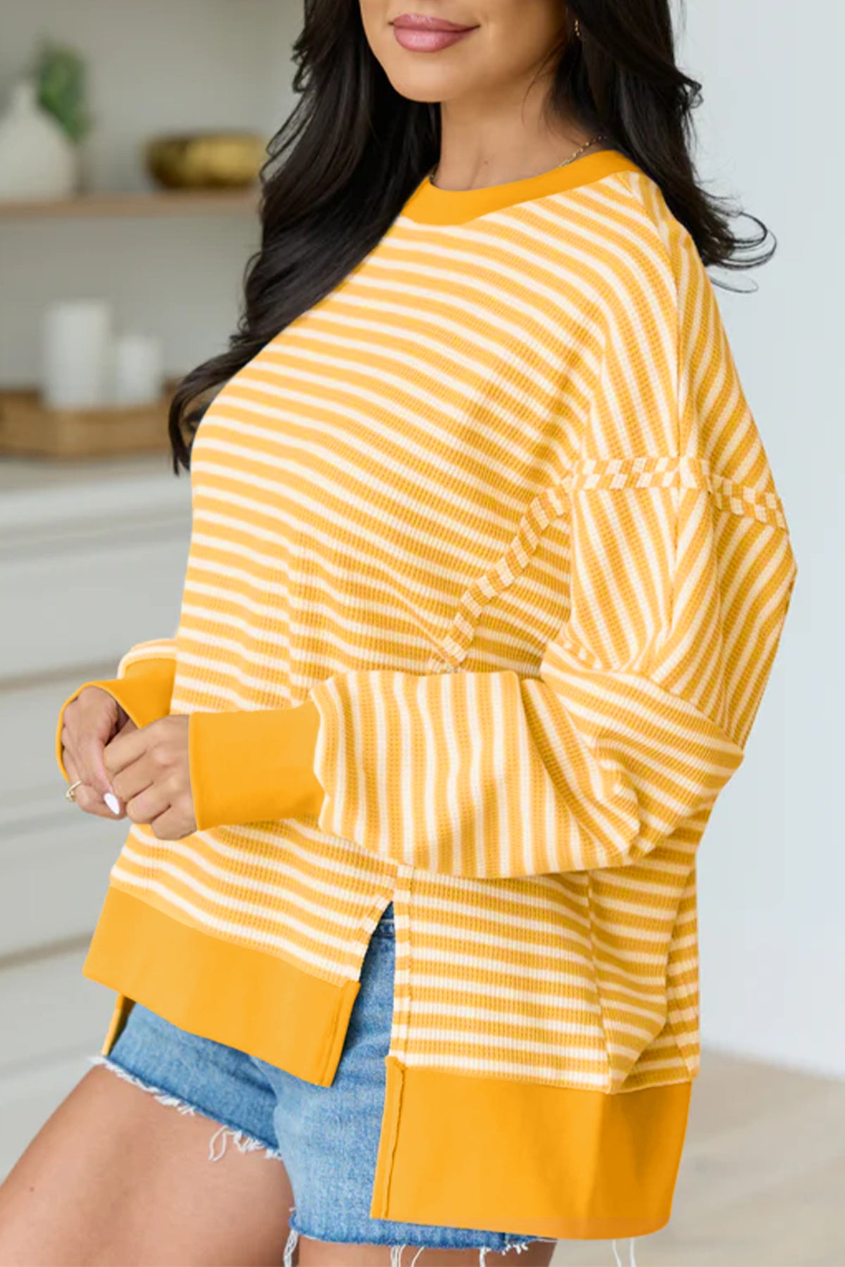Pink Stripe Textured Knit Color Block Trim Top