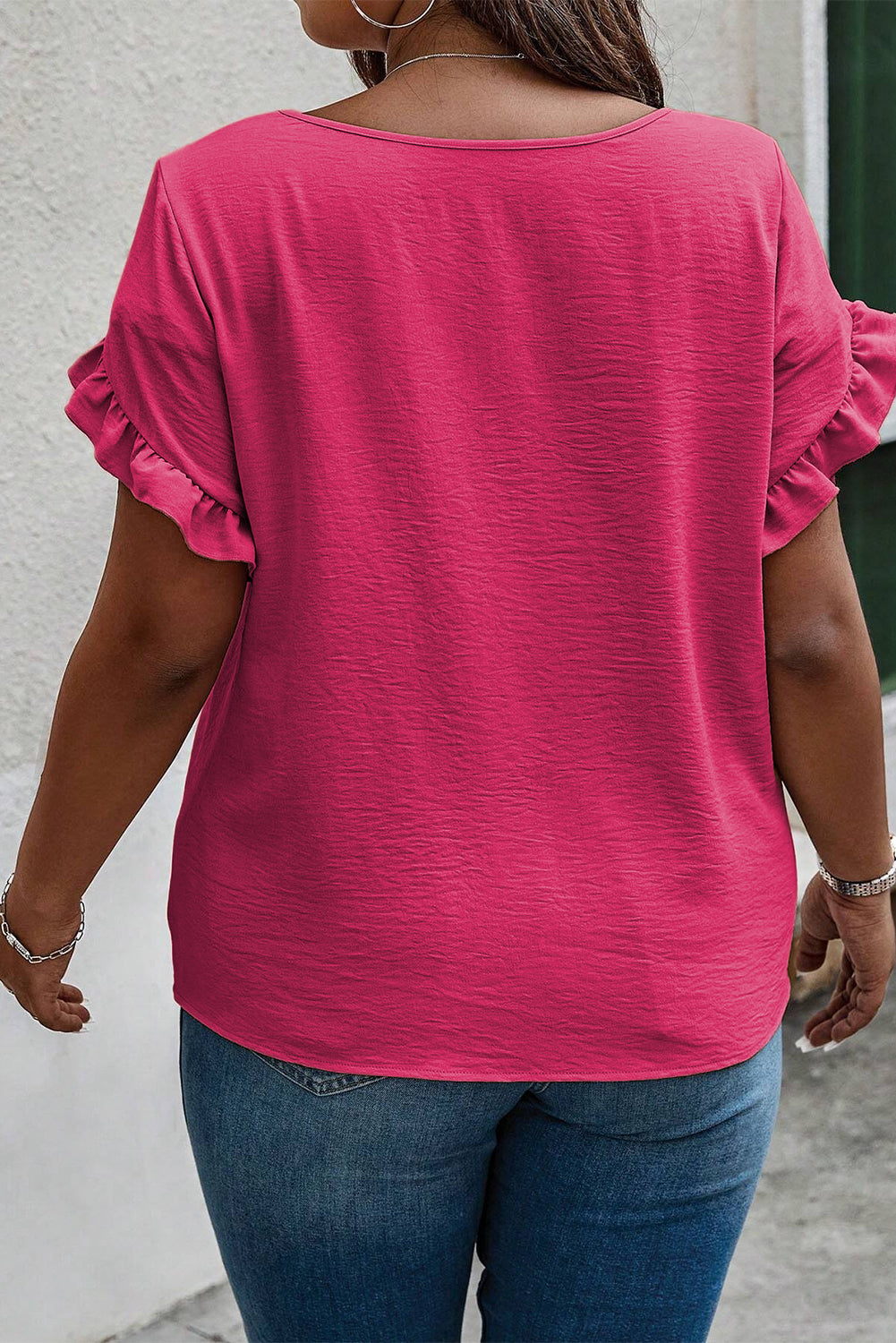 Bright Pink Ruffled Short-Sleeve Plus Size Top