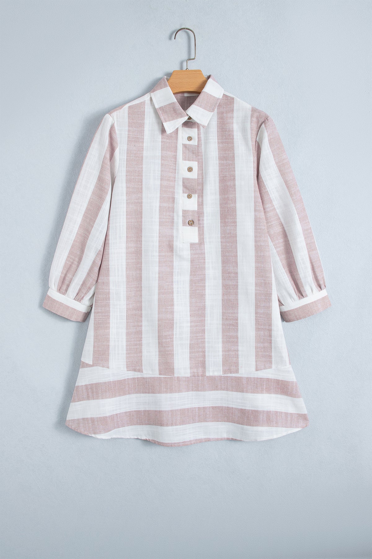 Khaki Stripe Button Up Three Quarter Sleeve Short Shift Dress