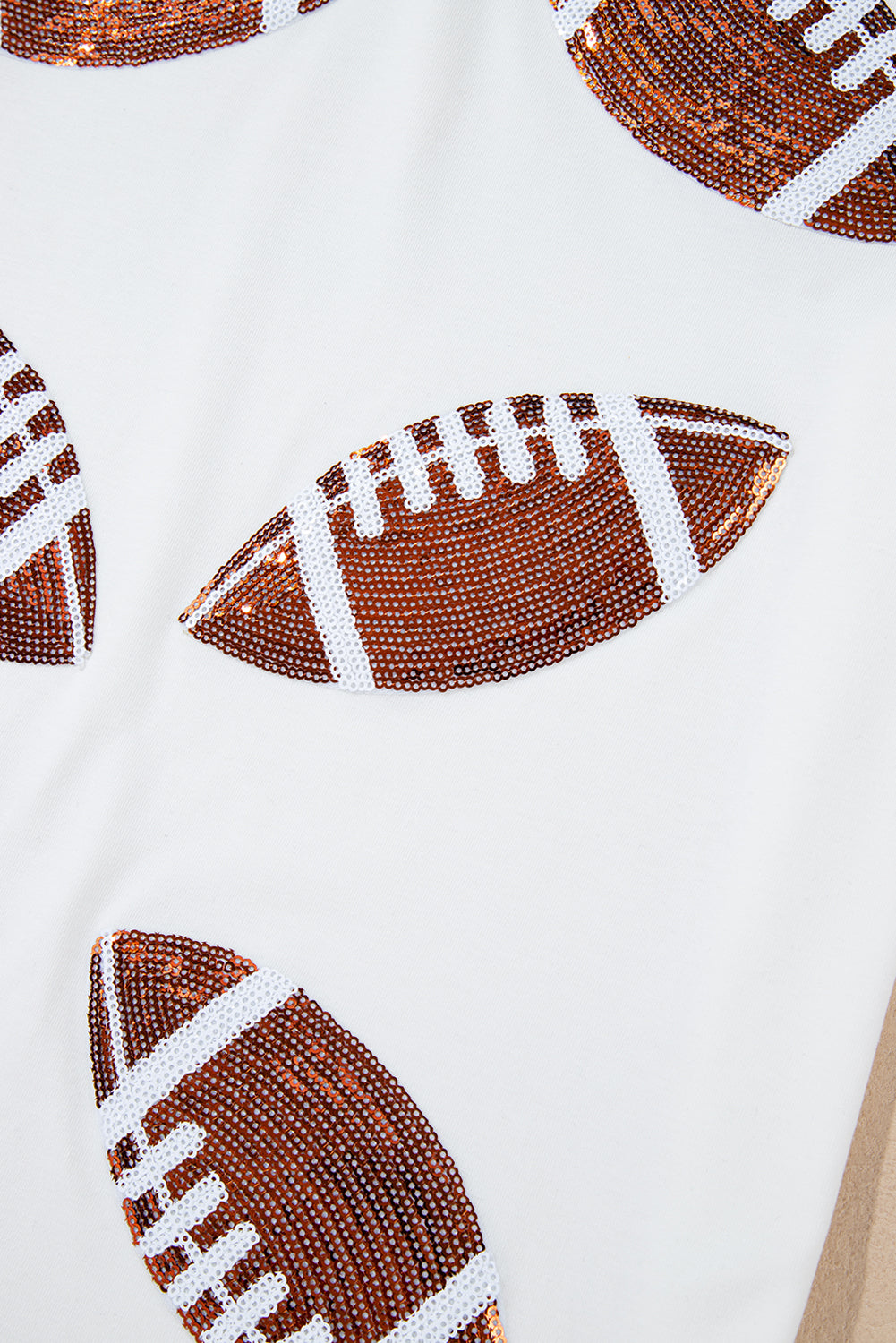 White Sequined Rugby Football Graphic Cotton T-Shirt
