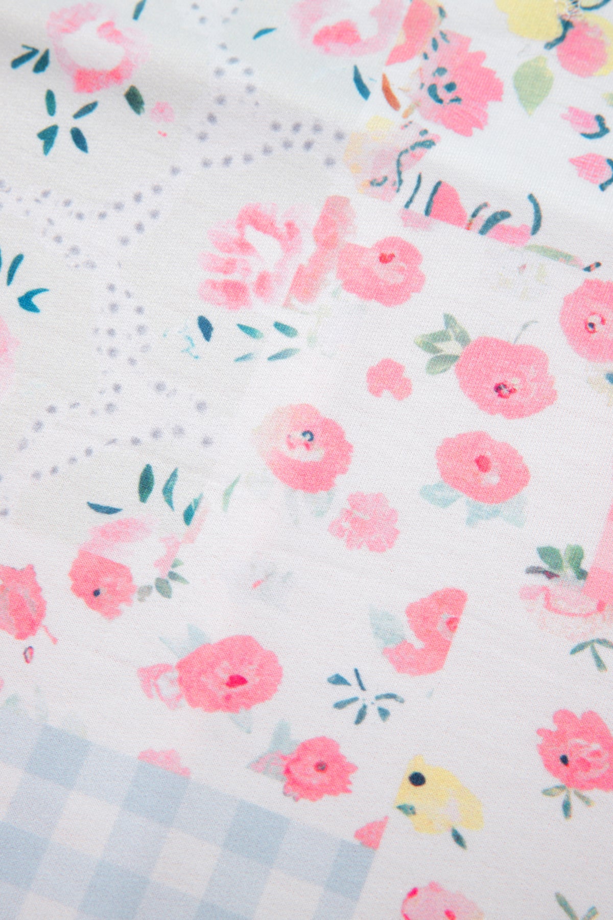 Pink Twisted Ribbed Trim Floral Print Patchwork Top