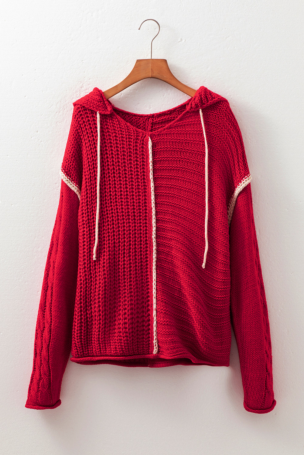 Racing Red Color Contrast Trim Textured Knit Drawstring Hooded Sweater