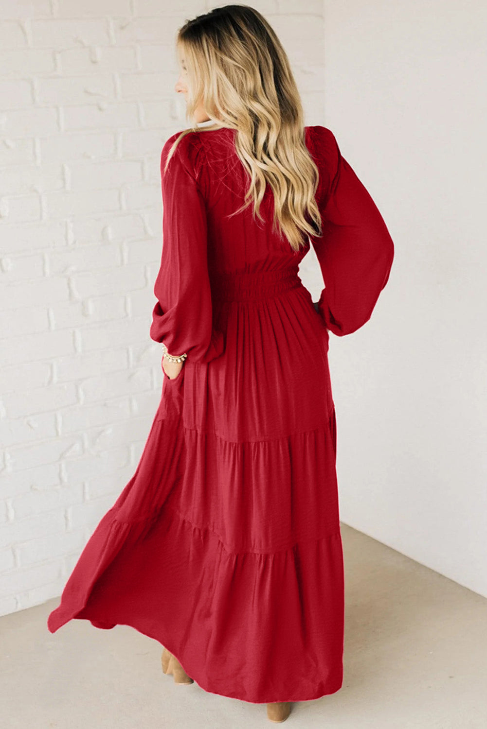 Racing Red Embroidered Cinched Waist Tiered Long Sleeve Maxi Dress