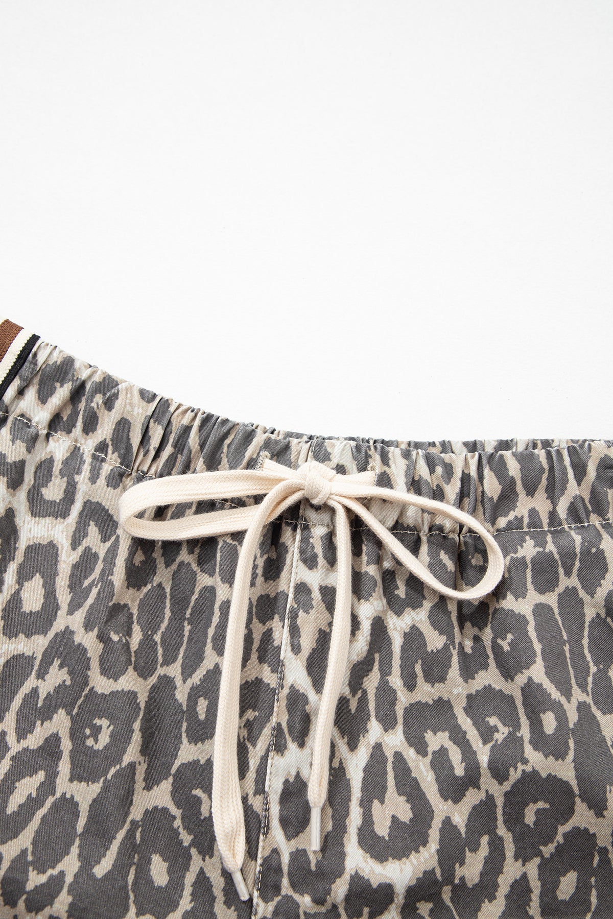 Multicolour Leopard Pattern Striped Drawstring Denim Shorts