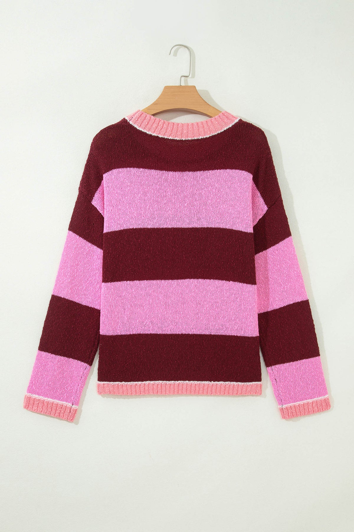 Pink Stripe Striped Drop Shoulder Long Sleeve Pullover Knit Sweater