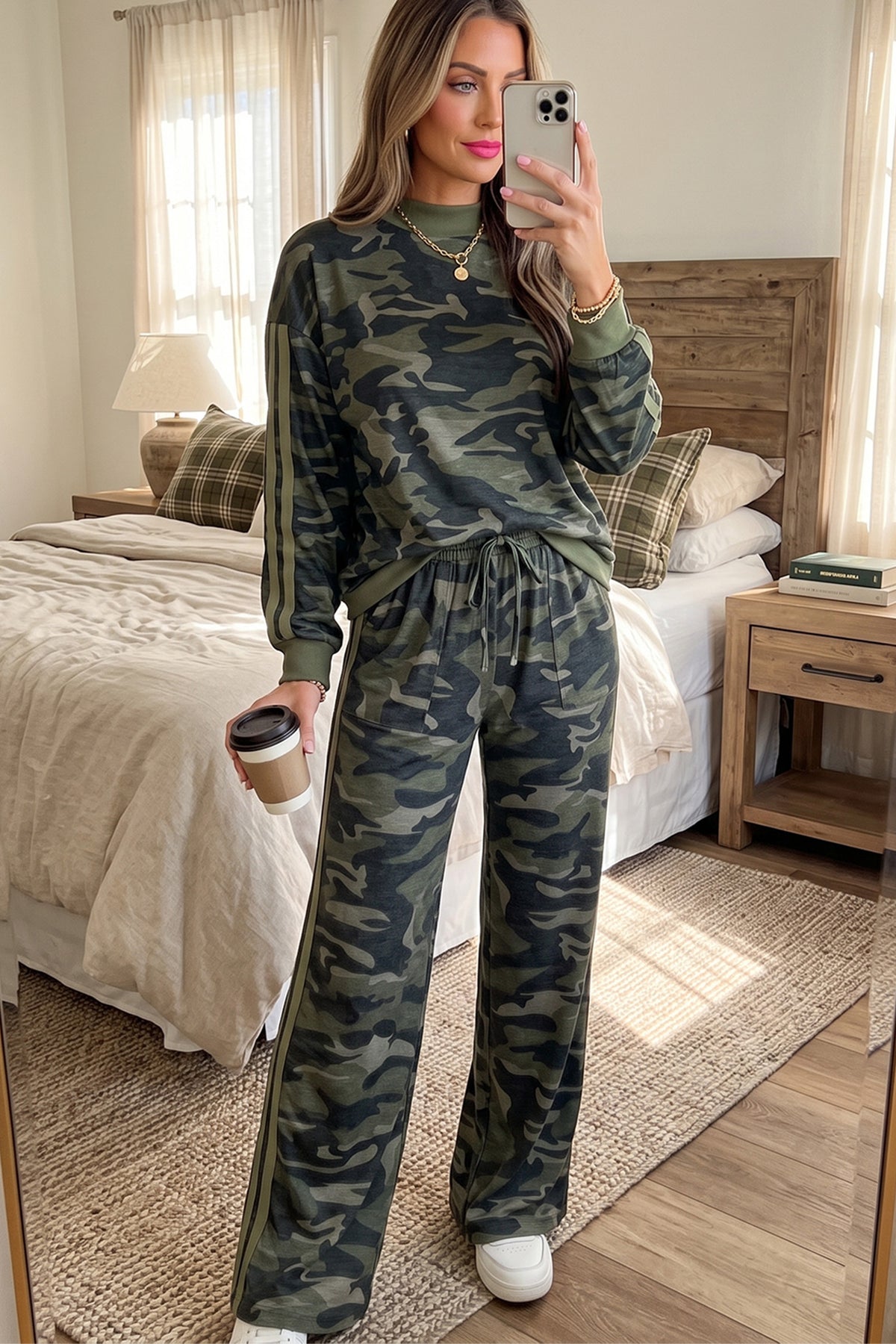 Multicolour Camouflage Patchwork Striped Long Sleeve Top Pants Set