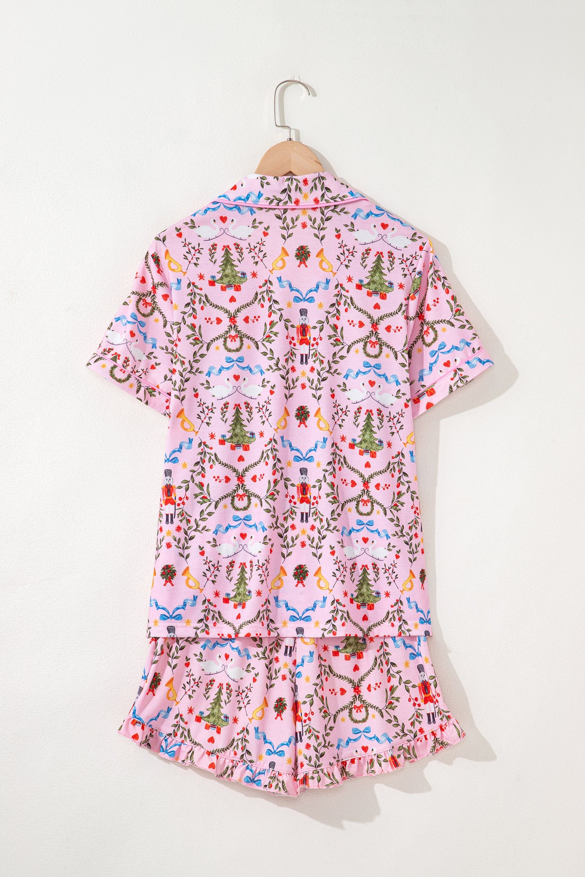 Pink Nutcracker Doll Christmas Print Tie Waist Short Pajama Set