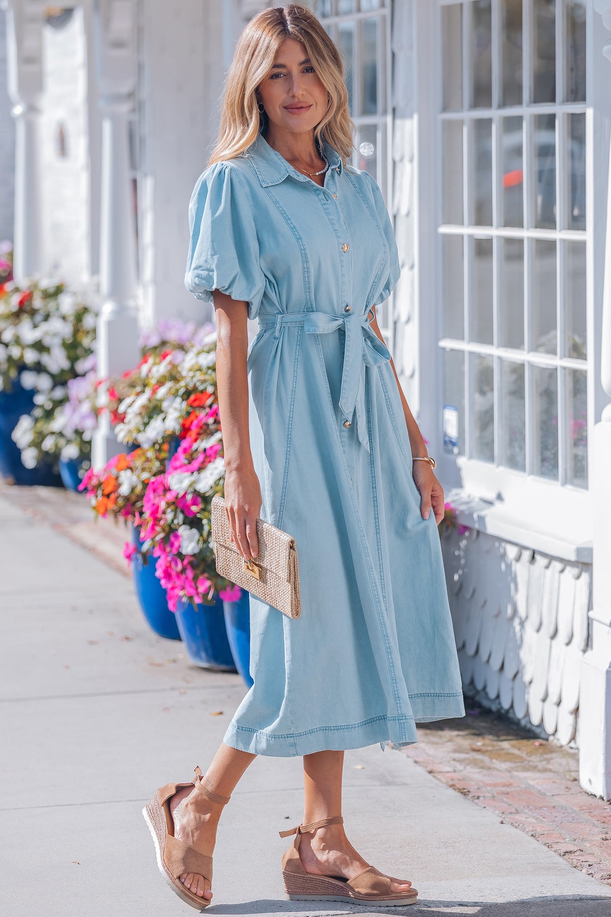 Sail Blue Full Buttons Short Bubble Sleeve Long Denim Dress