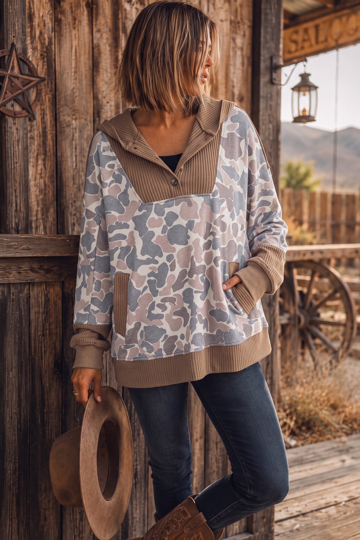 Khaki Camouflage Print Waffled Patchwork Hoodie