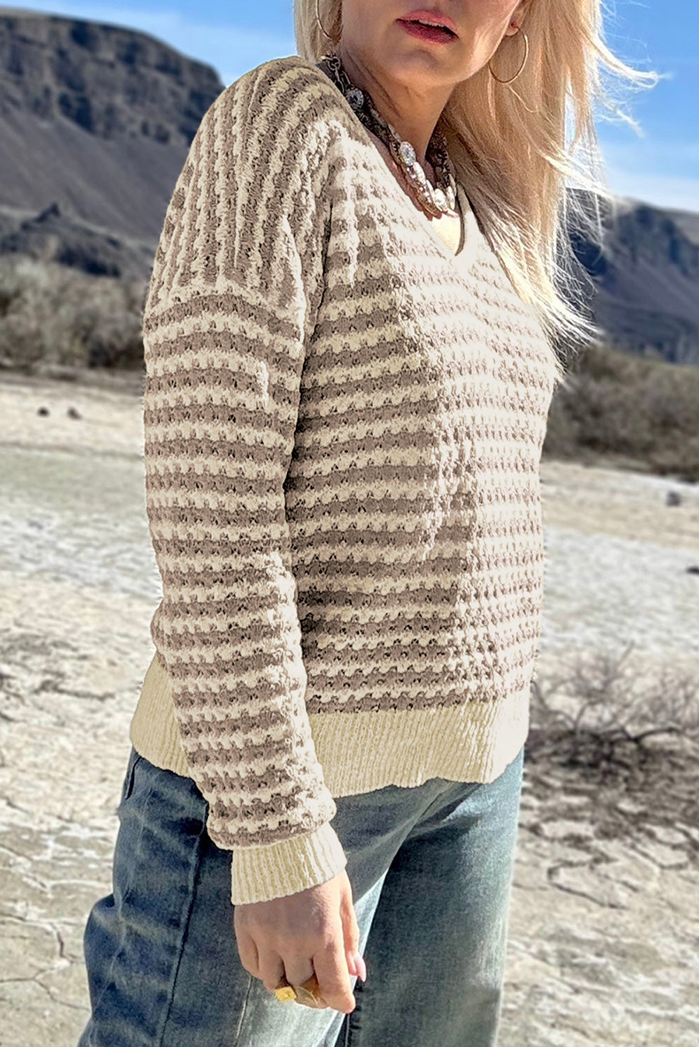 Khaki Stripe Plus Size V-Neck Drop-Shoulder Sweater