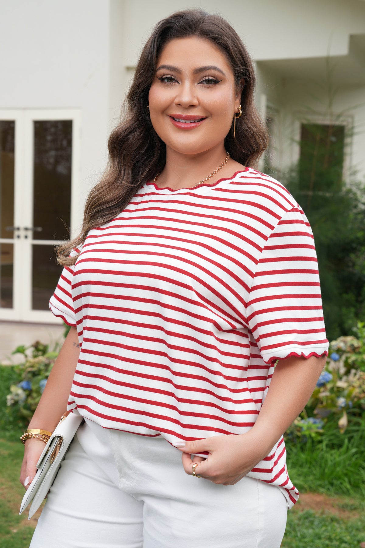 Red Stripe Plus Size Scalloped Trim Round-Neck Short-Sleeve Top