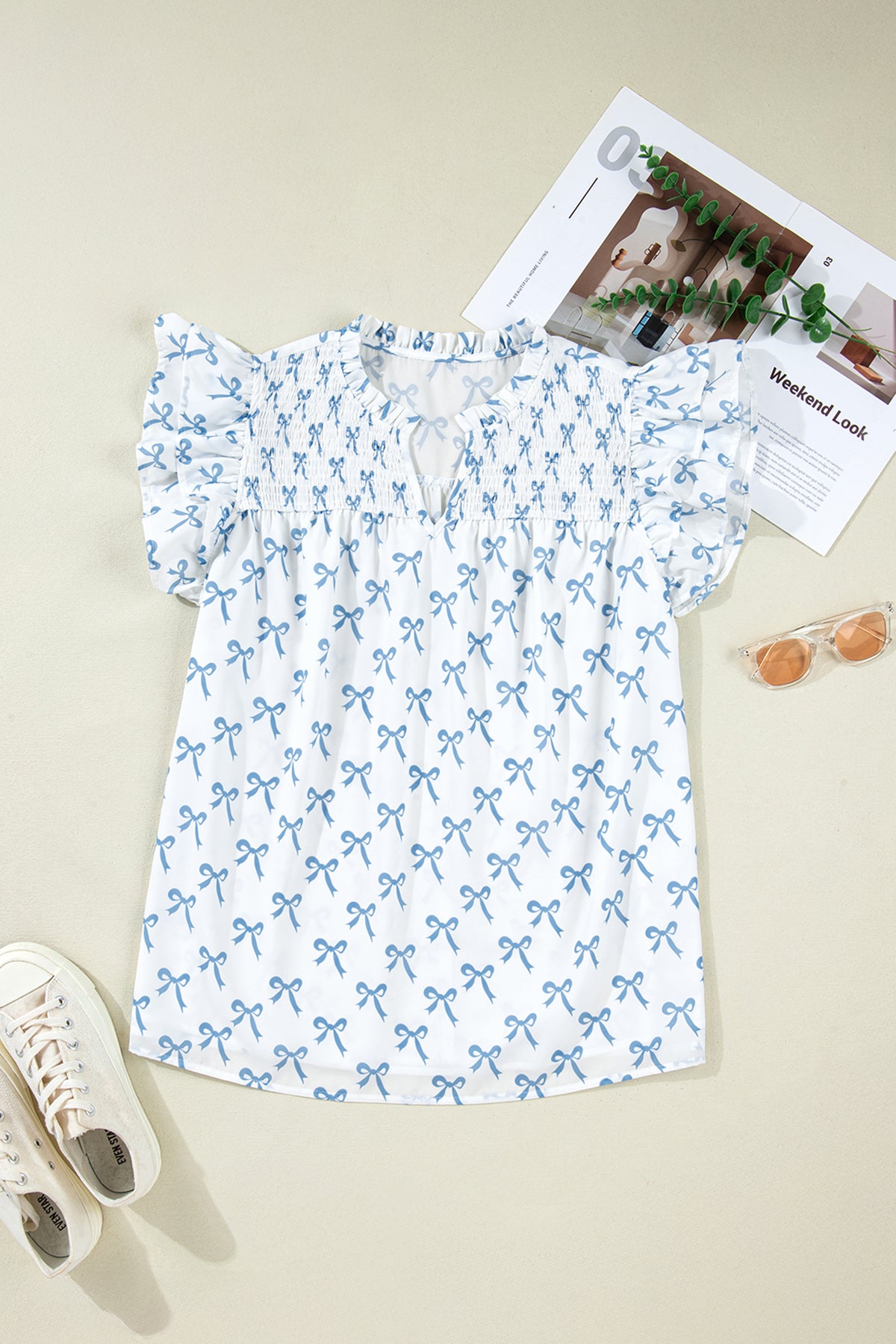 Sky Blue Ruffled Short-Sleeve Plus Size Bow Top