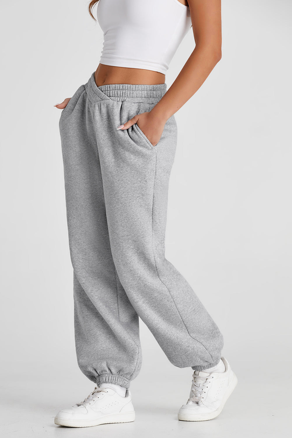 Light Grey Solid Crisscross Elastic Waist Sweatpants