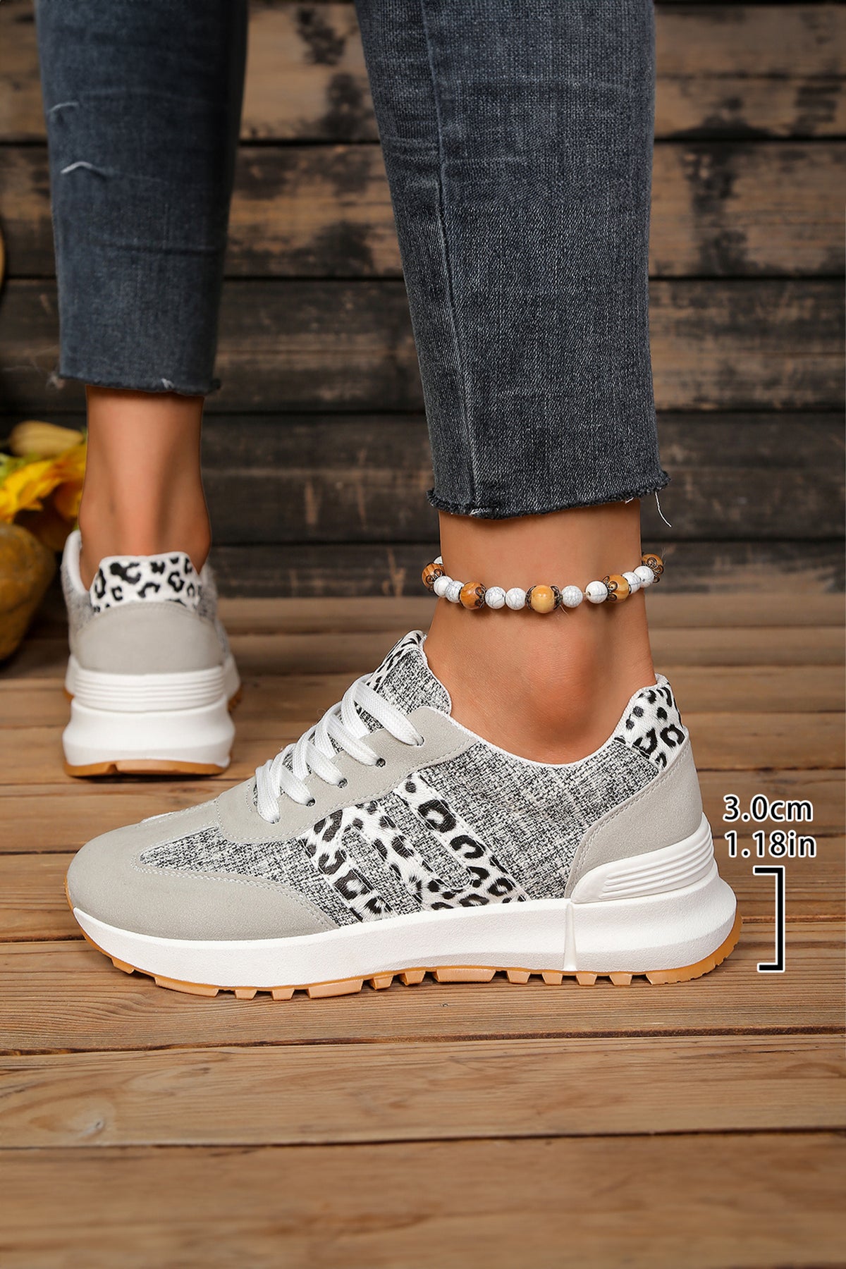 White Mix Texture Patchwork Leopard Lace-Up Sneakers
