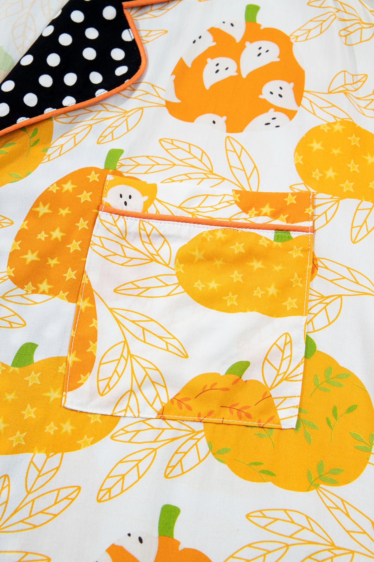 Orange Pumpkin Print Polka Dot Trim Short Sleeve Lounge Set