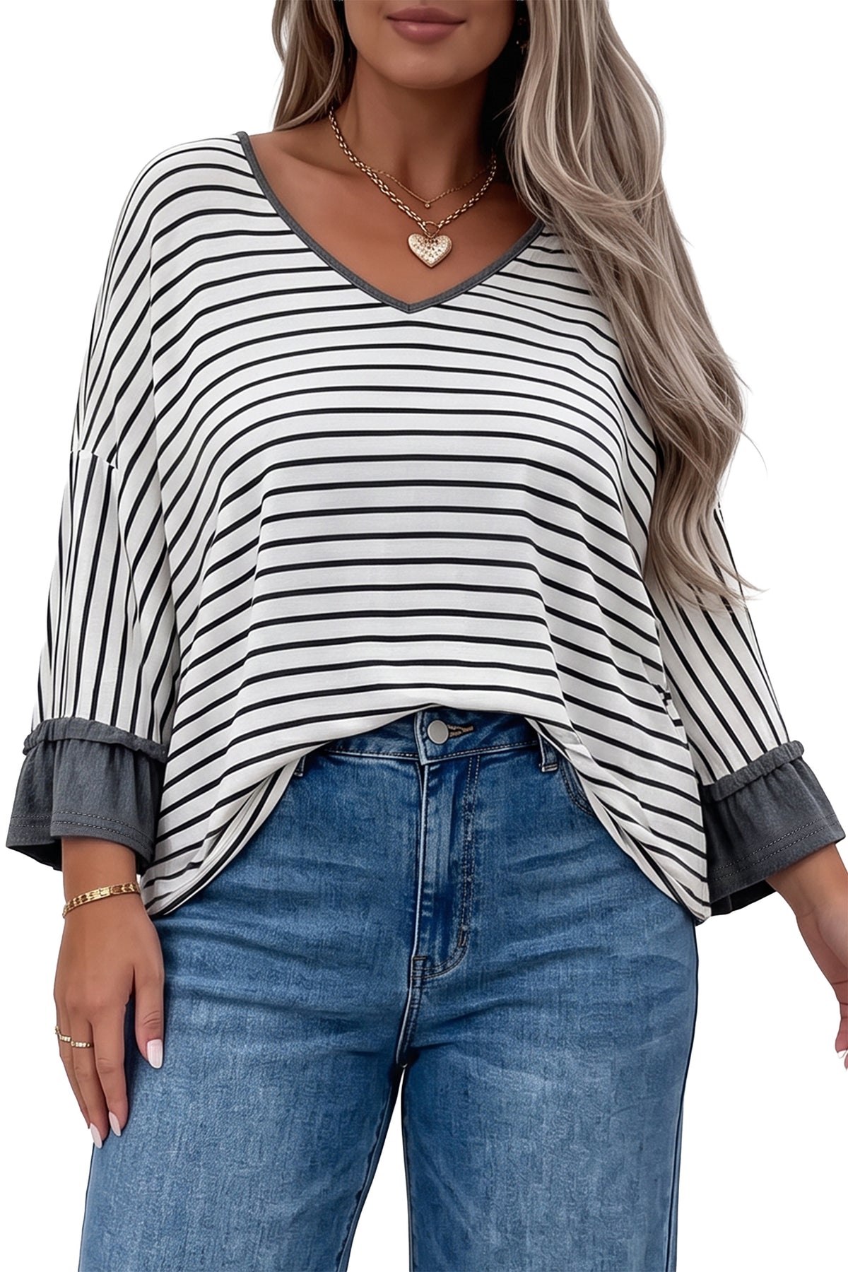 Gray Stripe Ruffled Bracelet Sleeve V Neck Plus Size Top