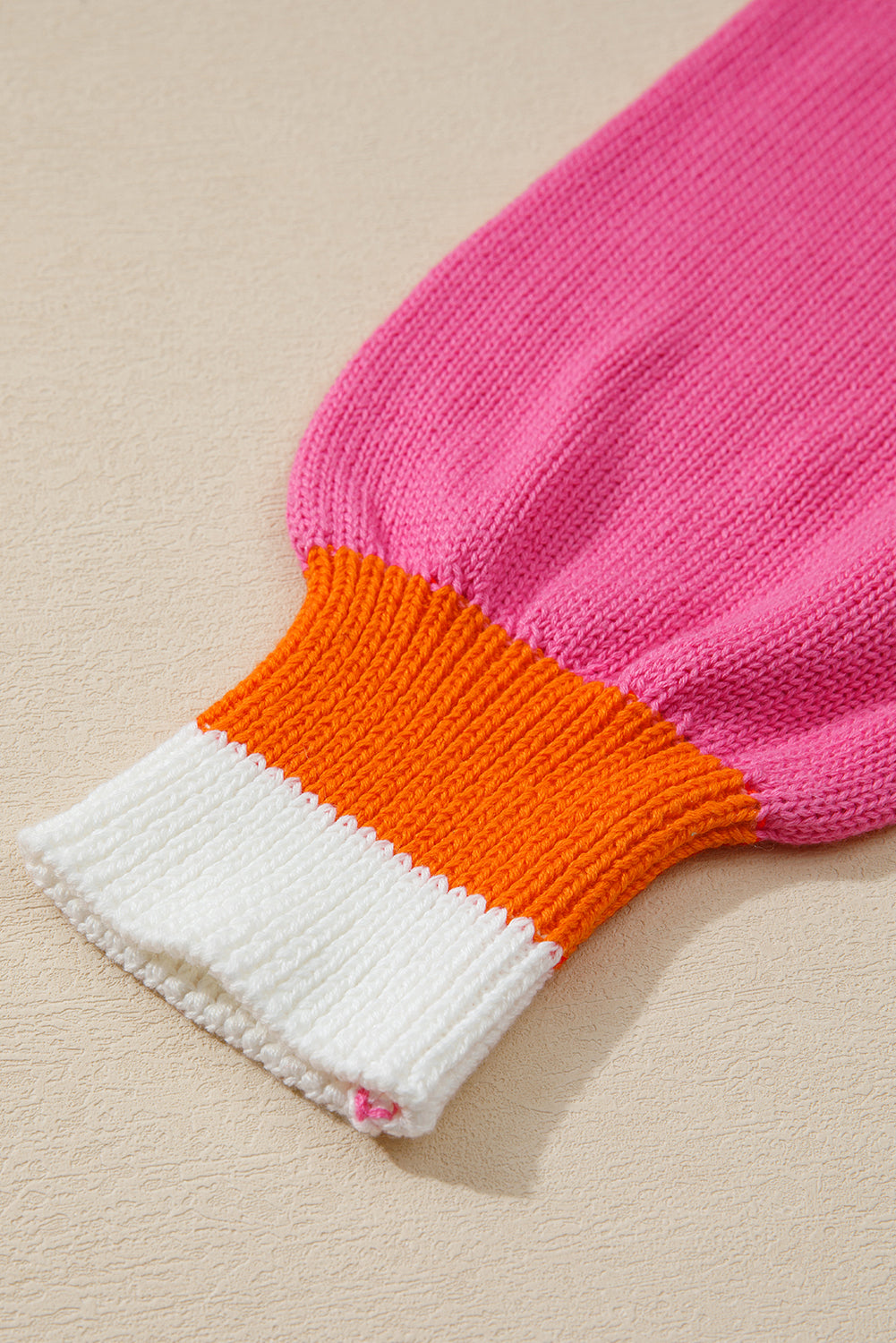 Sachet Pink Contrast Crew Neck Pearled Decor Drop Shoulder Knit Sweater