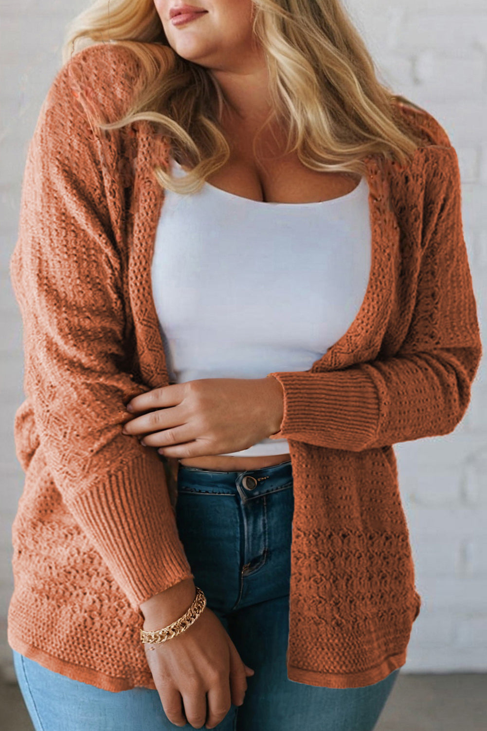 Redwood Burl Mixed Pattern Knitted Open-Front Plus Cardigan