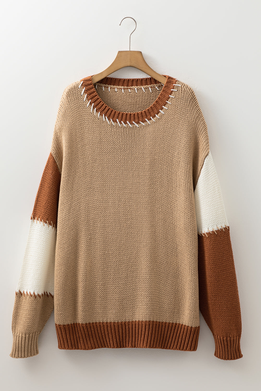 Light French Beige Contrast Stitch Detail Color-Block Knitted Plus Size Sweater