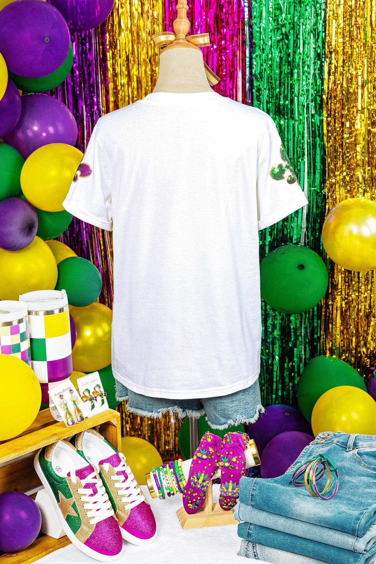 White Mardi Gras Fleur De Lis Sequin Graphic T-Shirt