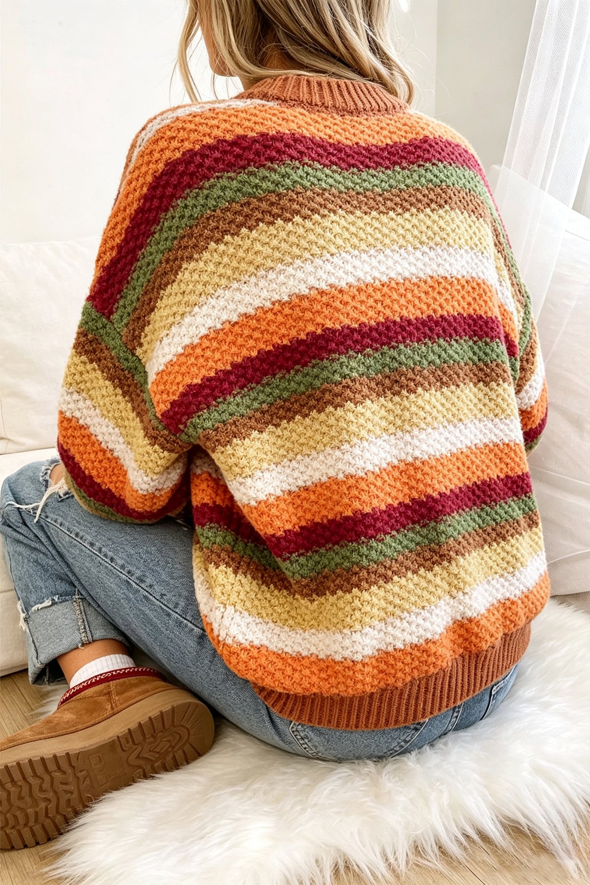 Camel Rainbow Stripe Knit Puff Sleeve Sweater